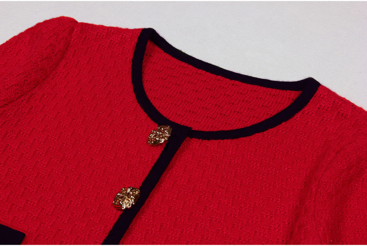 Red Flared Skirt with Fitted Bodice Vintage-Inspired Button Detailing Textured Fabric Gold Buttons Pockets Elegant Chic Fall Winter Parties Gatherings Classic Modern Touch