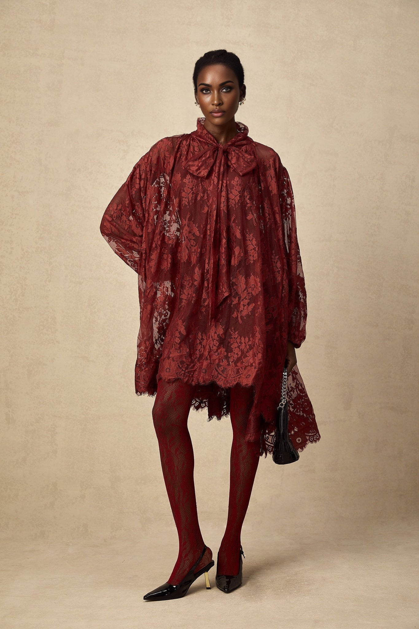 Red floral lace tights with cut out details named Coline