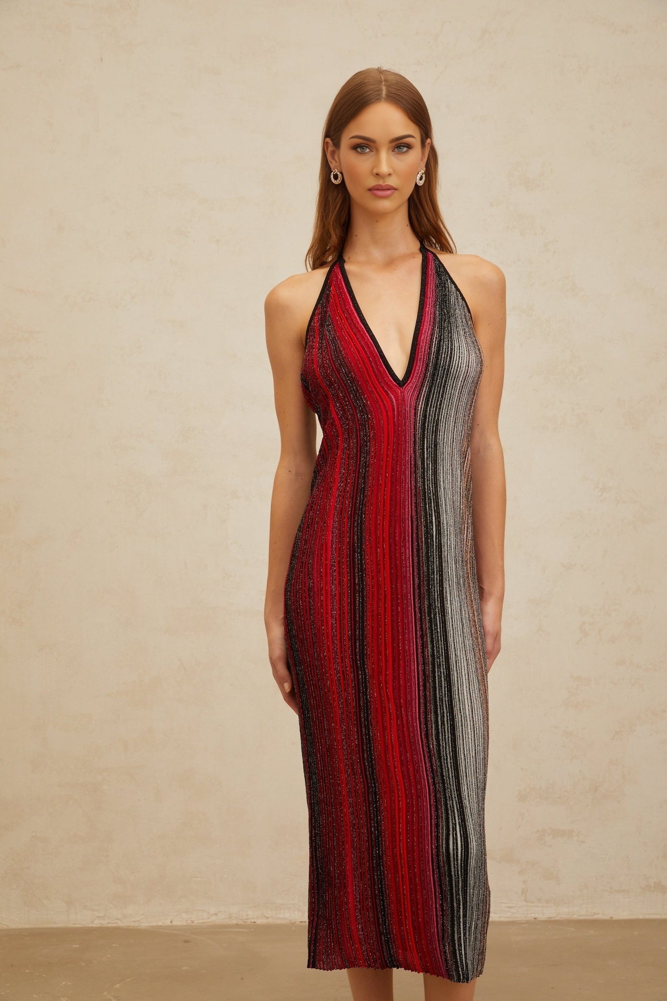 Red Halterneck Knitted Midi Dress with Pleats and Sequin Embellishment