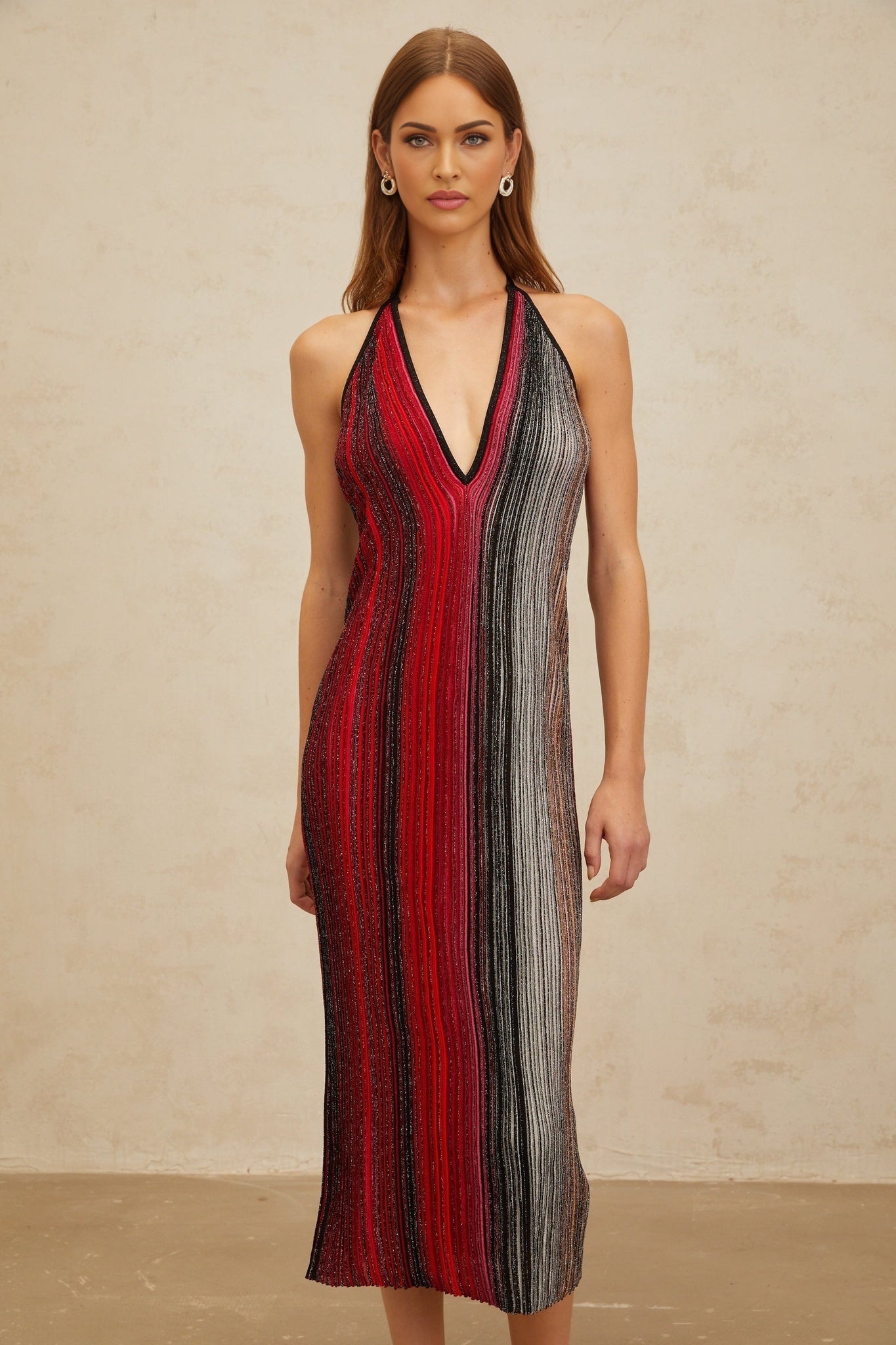 Red Halterneck Sleeveless Midi Dress with Stripe Pattern and Sequin Embellishment