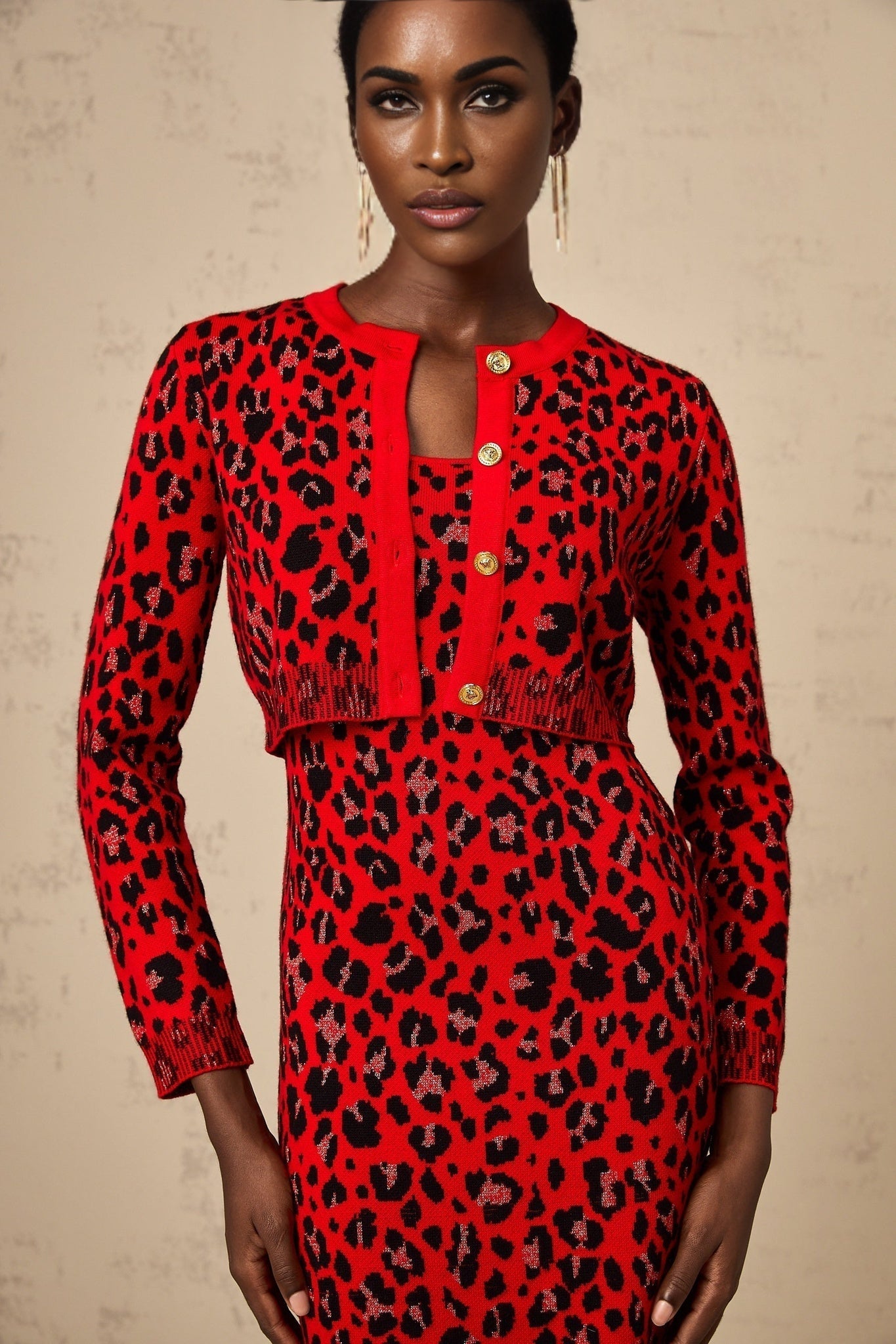 Red leopard print cardigan with shimmering lurex fabric from Honorine