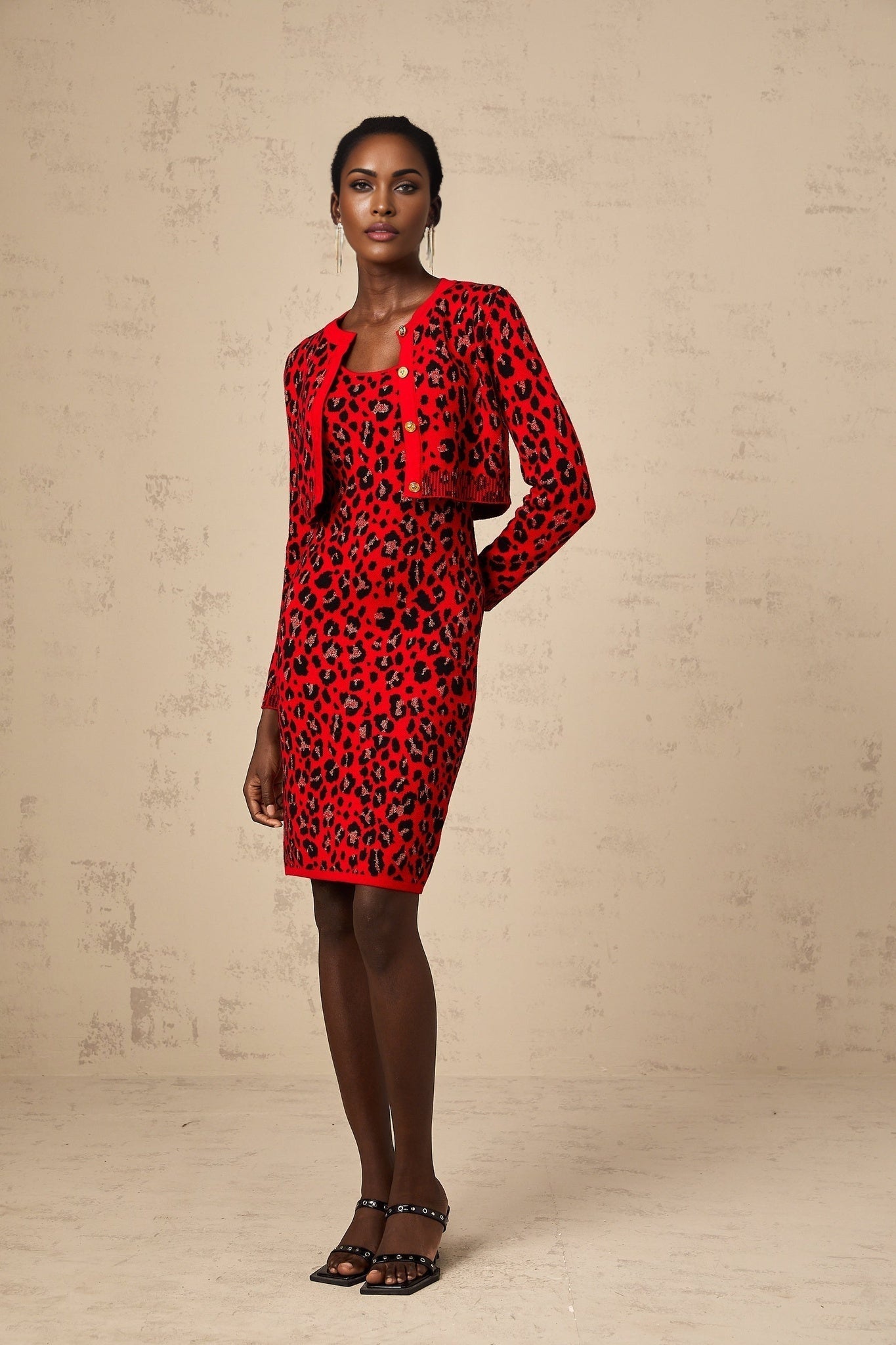 Red leopard print cardigan with shimmering lurex fabric