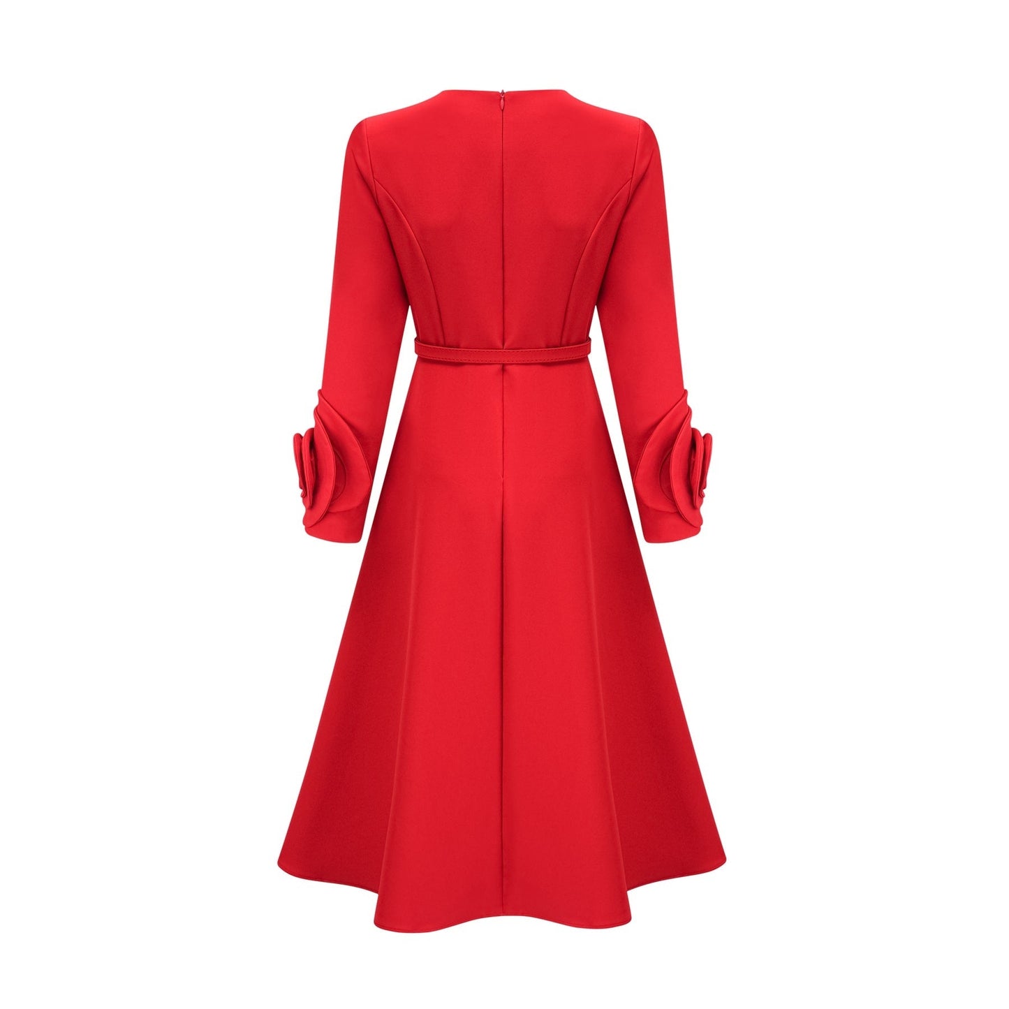 Red long sleeve dress with floral details named Aurelia