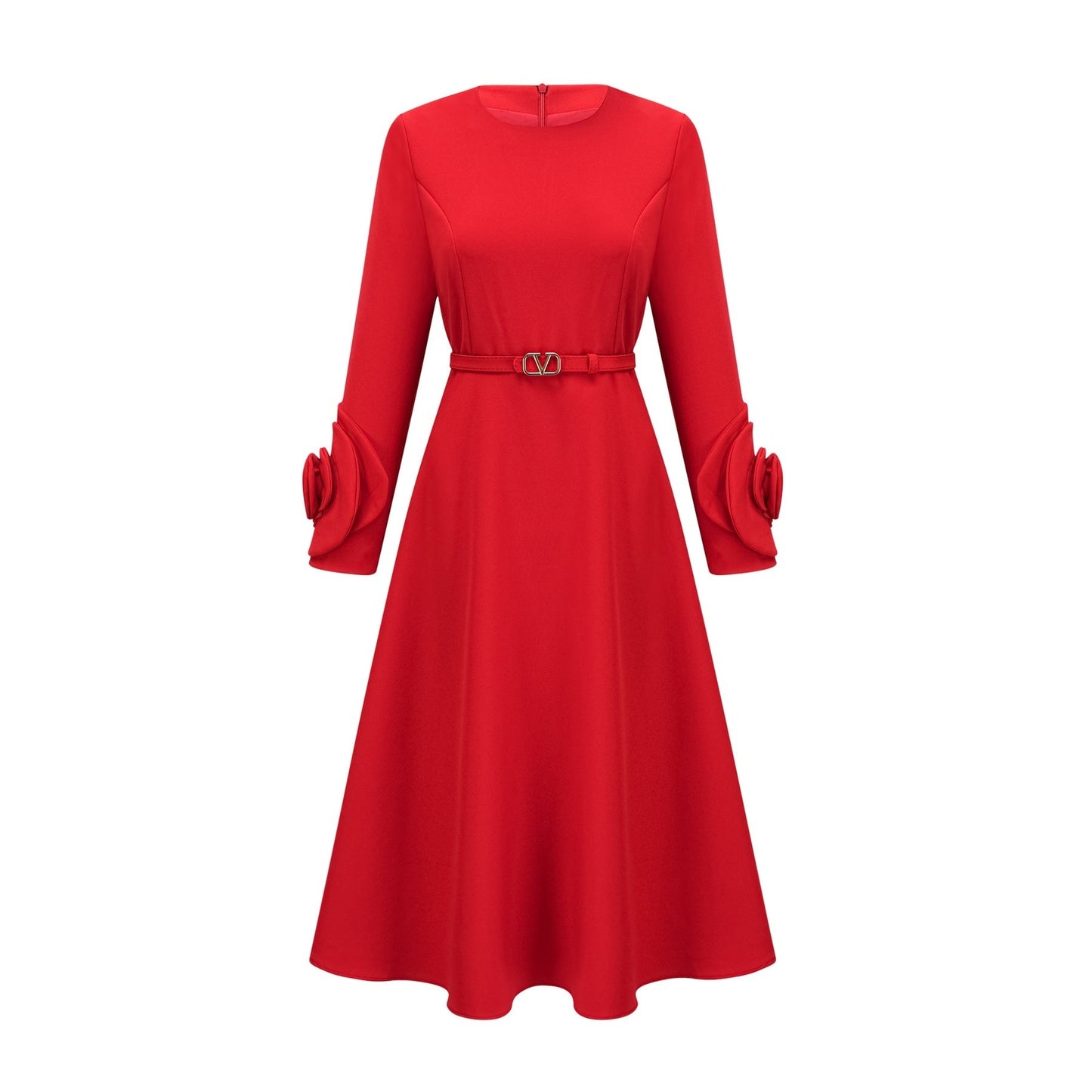 Red long sleeve dress with floral embellishments from Aurelia brand