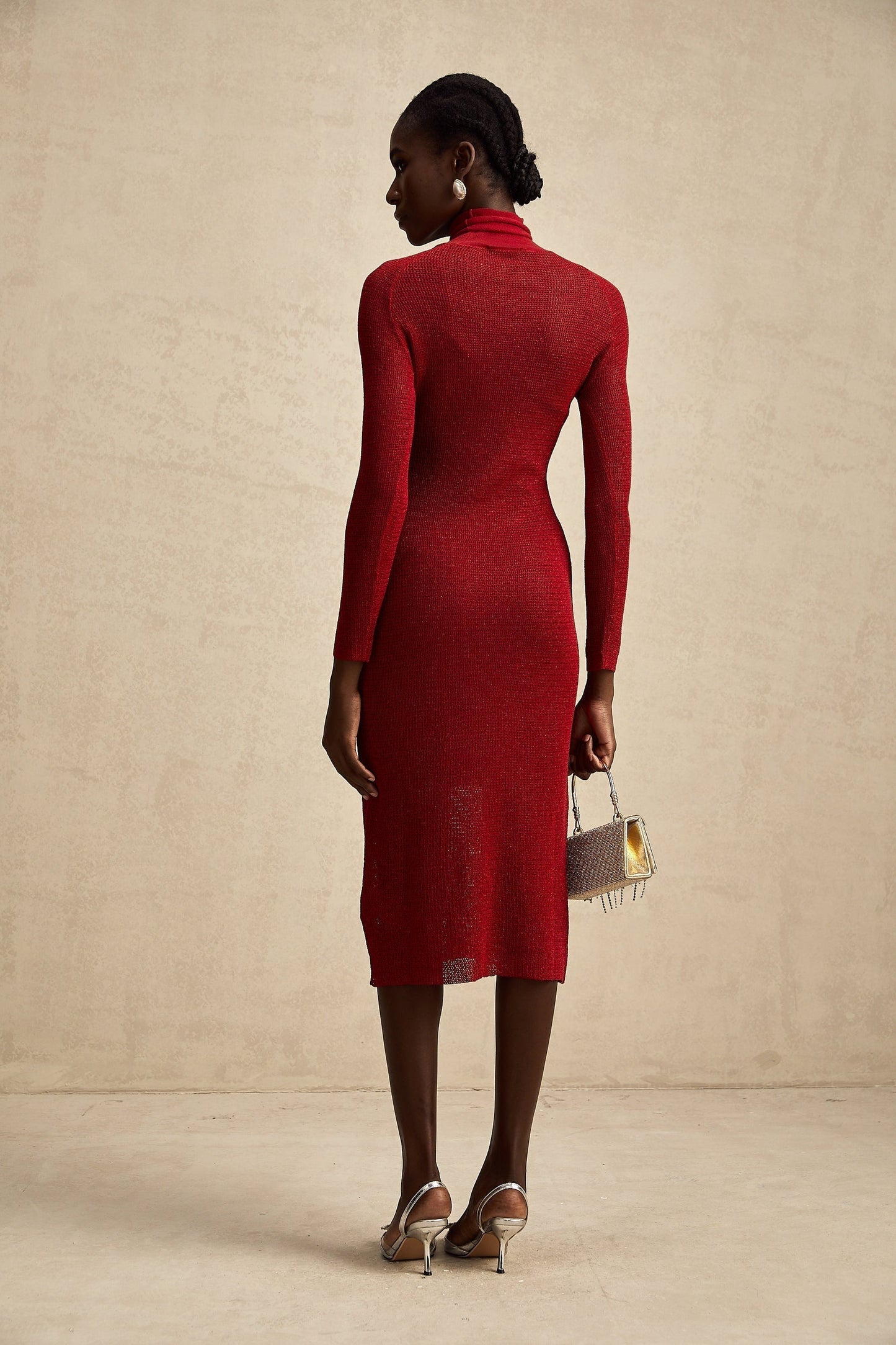 Red metallic midi dress with pointelle detailing and Arianee design