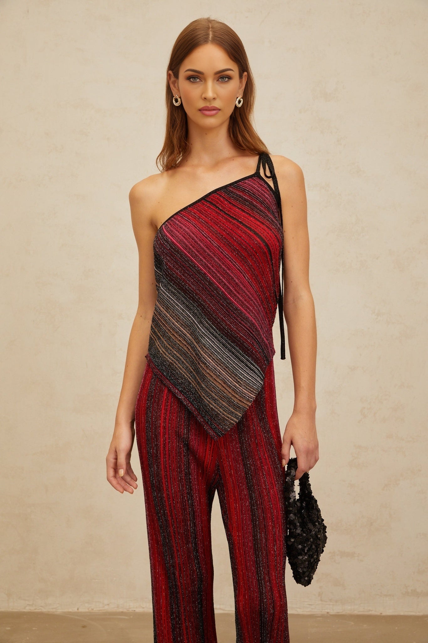 Red and Multicolor Knitted Sleeveless Top and Wide Leg Trousers Set with Metallic Threading and Sequin Embellishment
