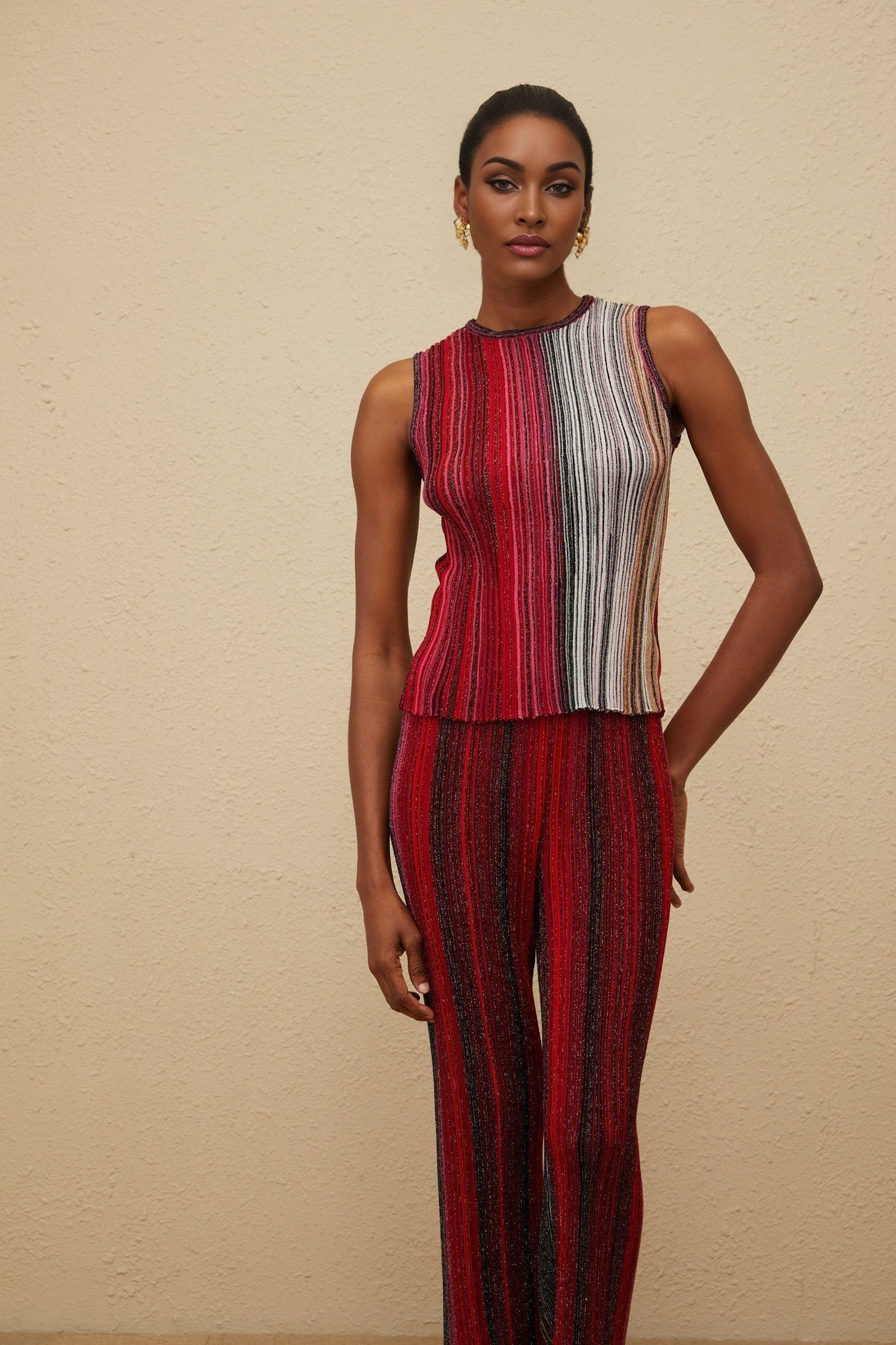 Red and Multicolor Knitted Sleeveless Top and Wide Leg Trousers with Metallic Threading and Glitter Detailing
