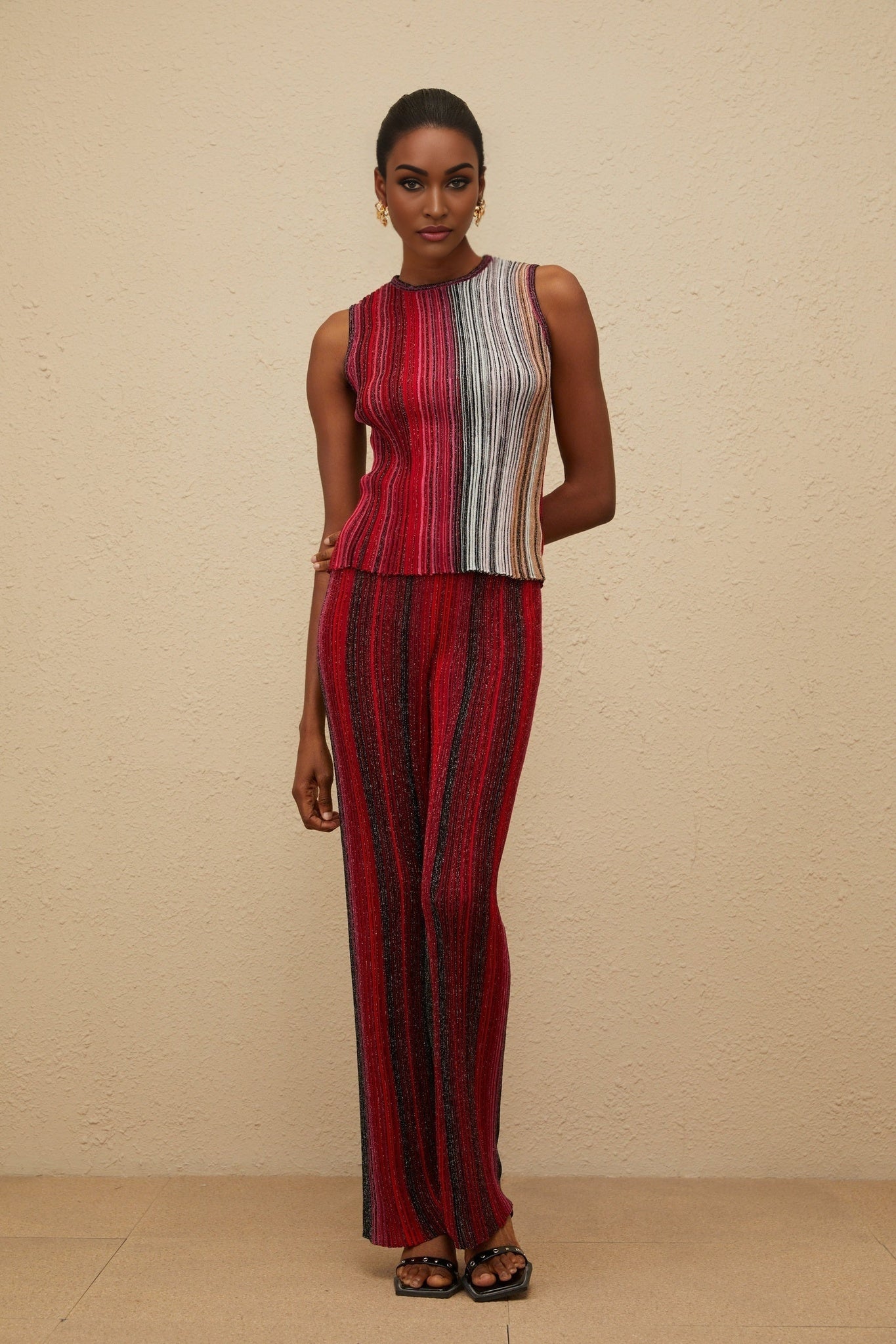 Red and Multicolor Knitted Sleeveless Top and Wide Leg Trousers with Metallic Threading and Glitter Detailing