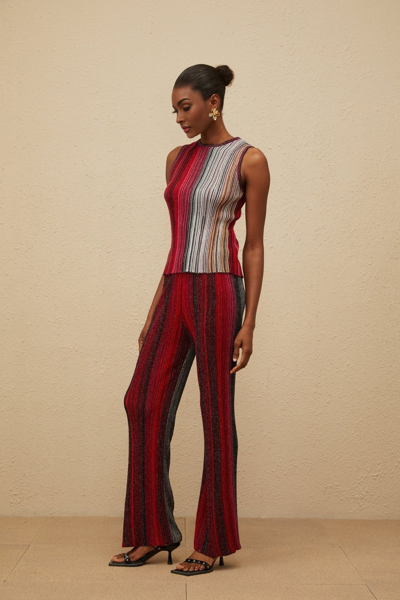 Red and Multicolor Knitted Sleeveless Top and Wide Leg Trousers with Metallic Threading and Glitter Detailing