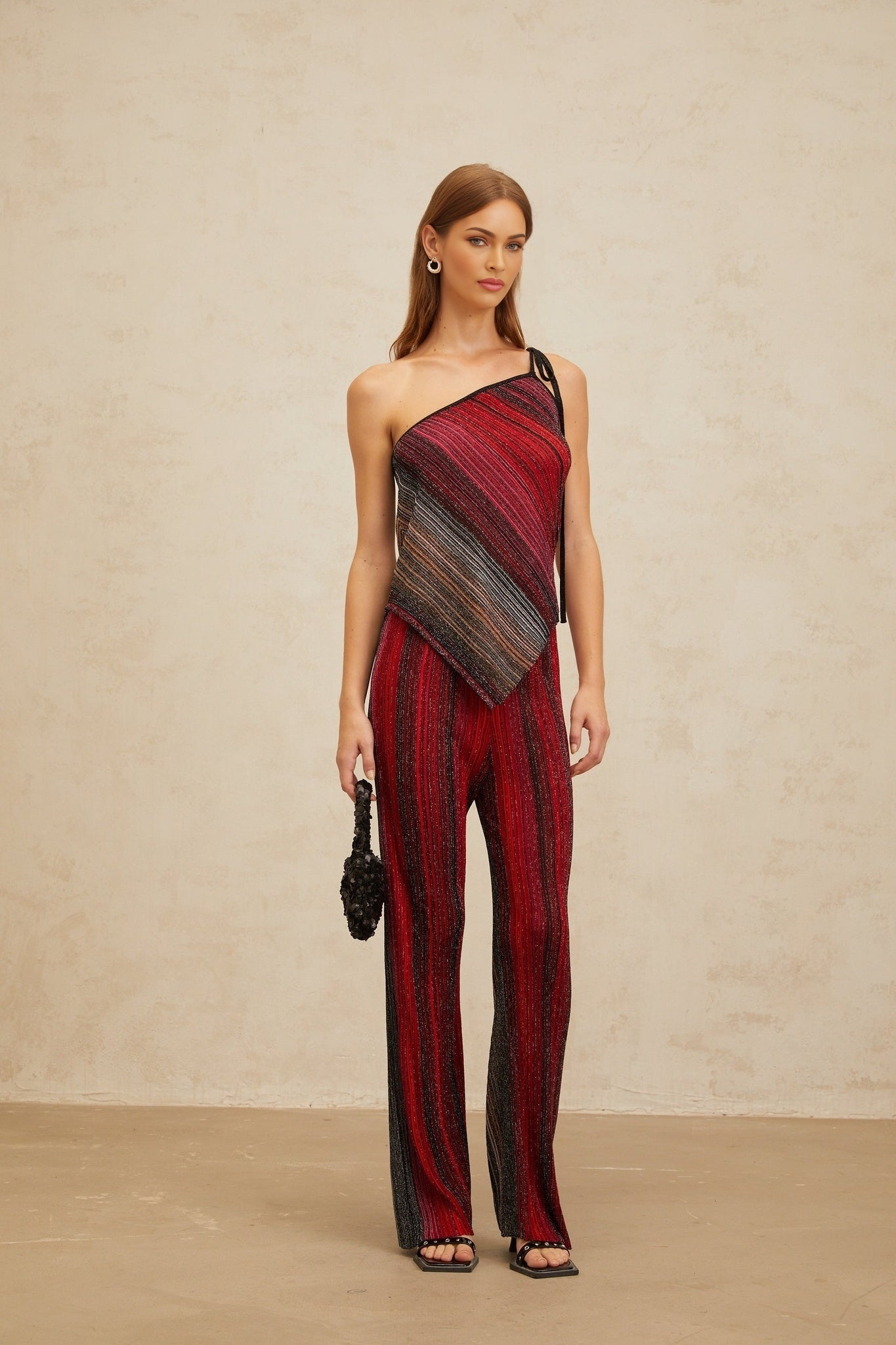 Red and Multicolor Knitted Sleeveless Top and Wide Leg Trousers Set with Metallic Threading and Sequin Embellishment
