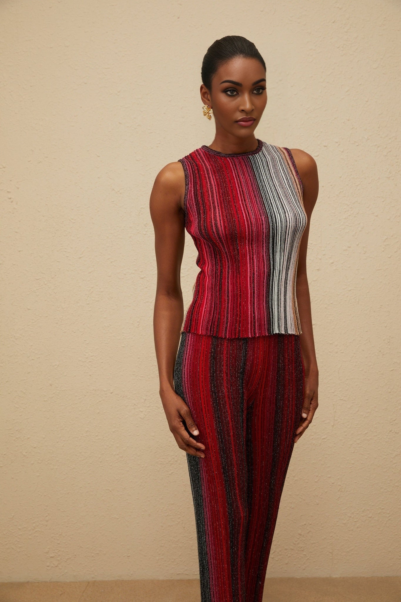 Red and Multicolor Knitted Sleeveless Top and Wide Leg Trousers with Metallic Threading and Glitter Detailing