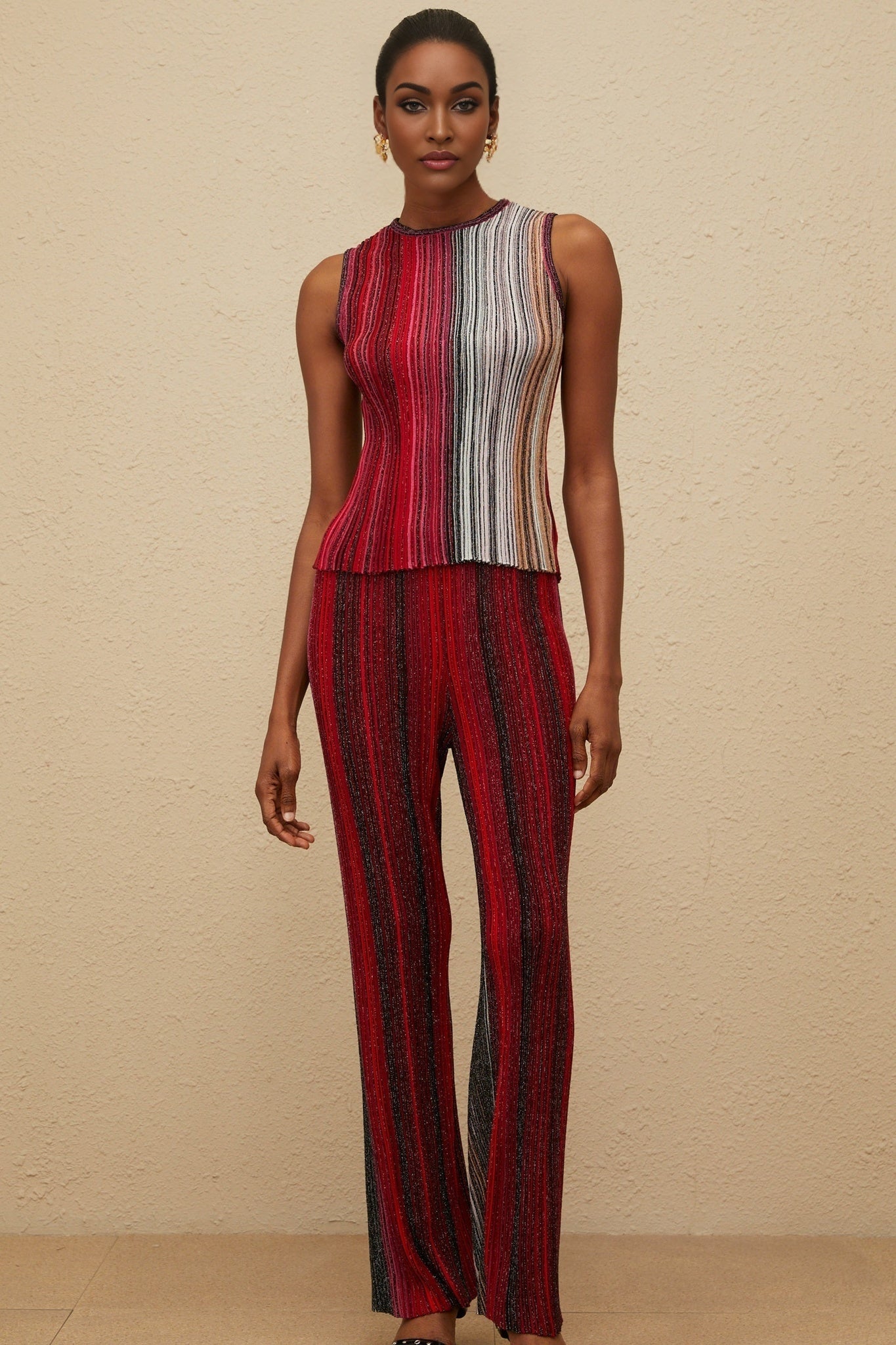 Red and Multicolor Knitted Sleeveless Top with Metallic Threading and Glitter Detailing