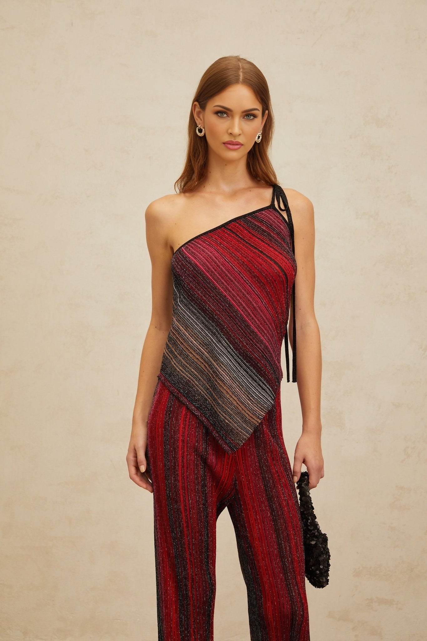 Red and Multicolor Knitted Top and Trousers Set with Metallic Threading and Sequin Embellishment