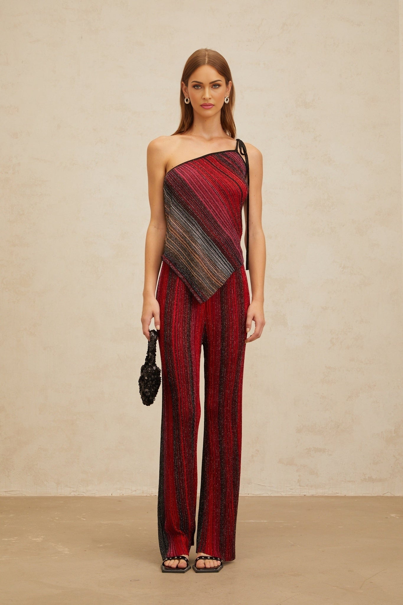 Red and Multicolor Knitted Top and Trousers Set with Metallic Threading and Sequin Embellishment