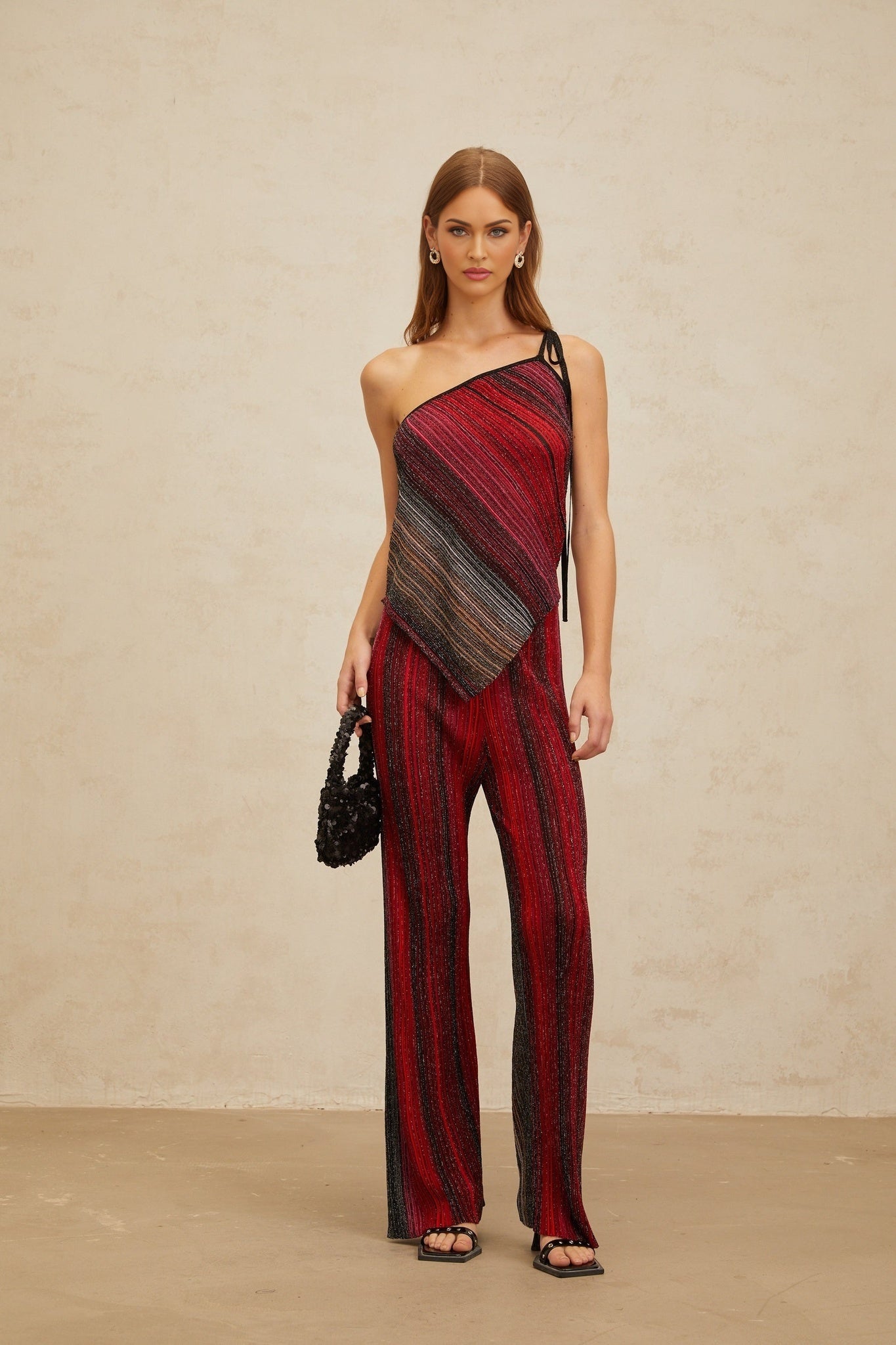 Red and Multicolor Knitted Top and Trousers Set with Metallic Threading and Sequin Embellishment