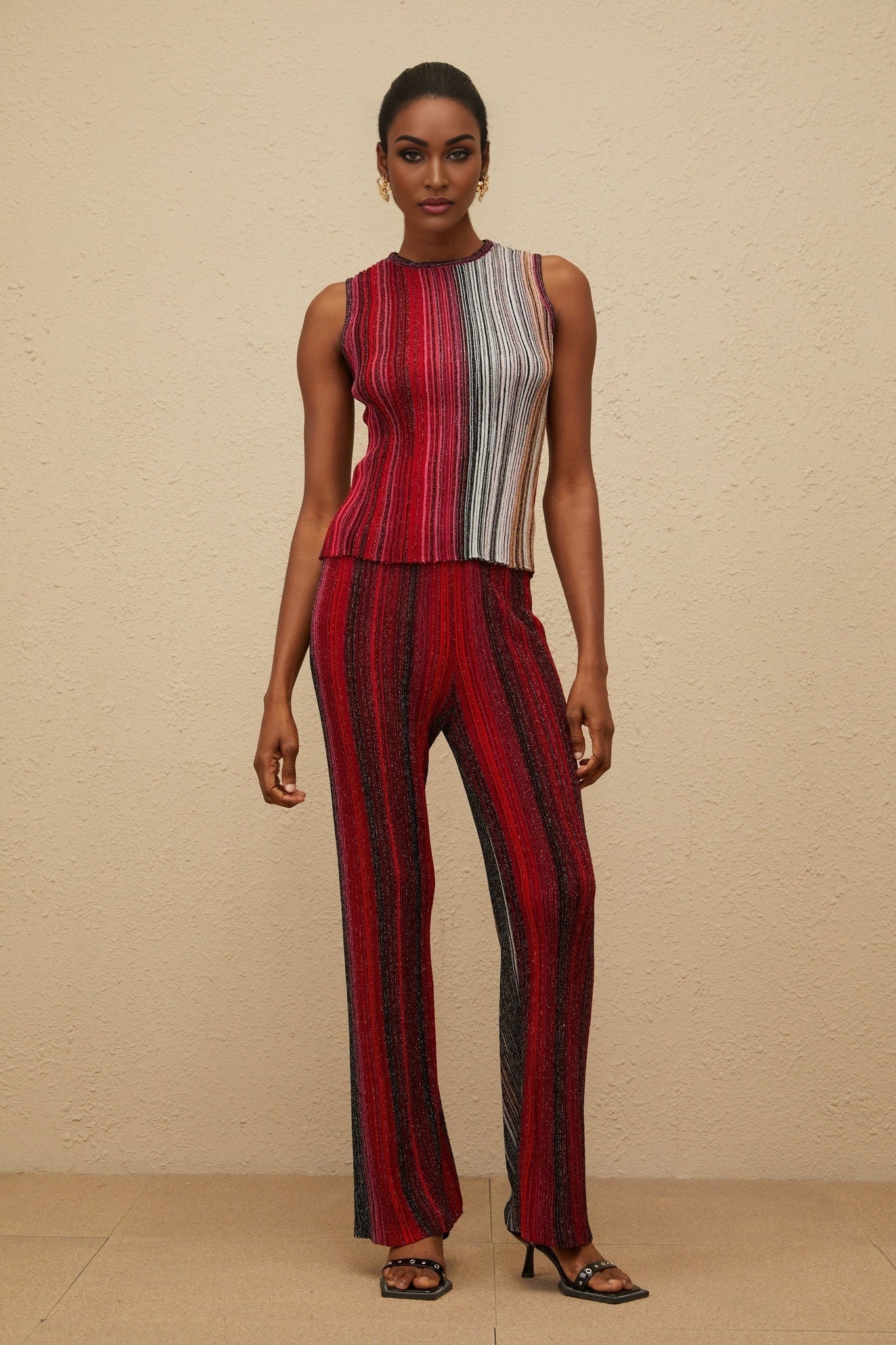 Red and Multicolor Knitted Sleeveless Top and Wide Leg Trousers with Metallic Threading and Glitter Detailing