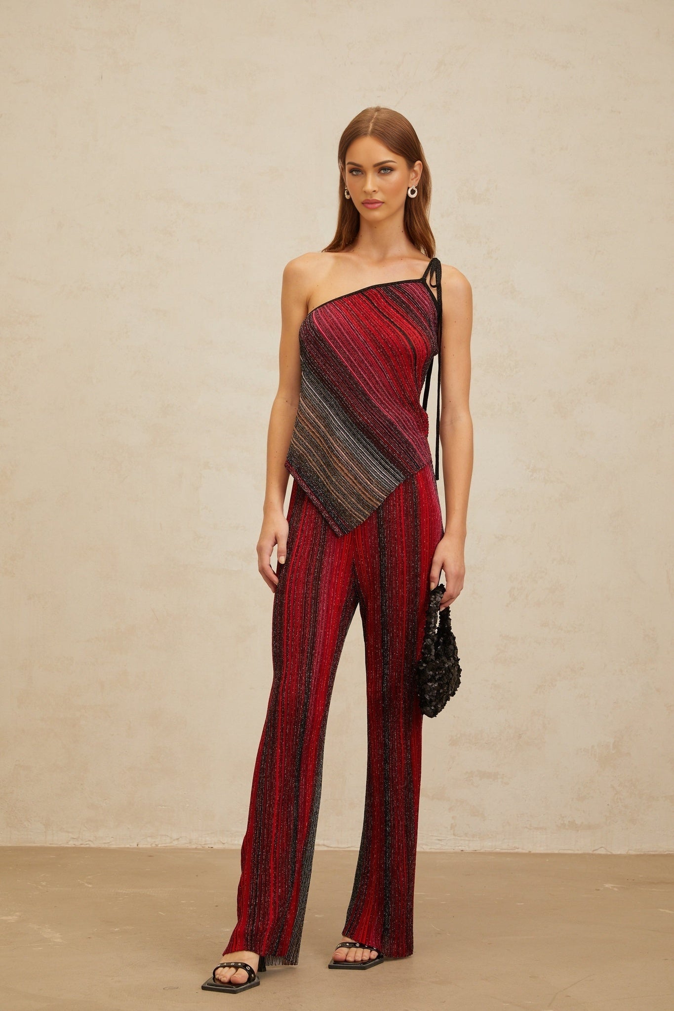 Red and Multicolor Knitted Top and Trousers with Metallic Threading and Sequin Embellishment