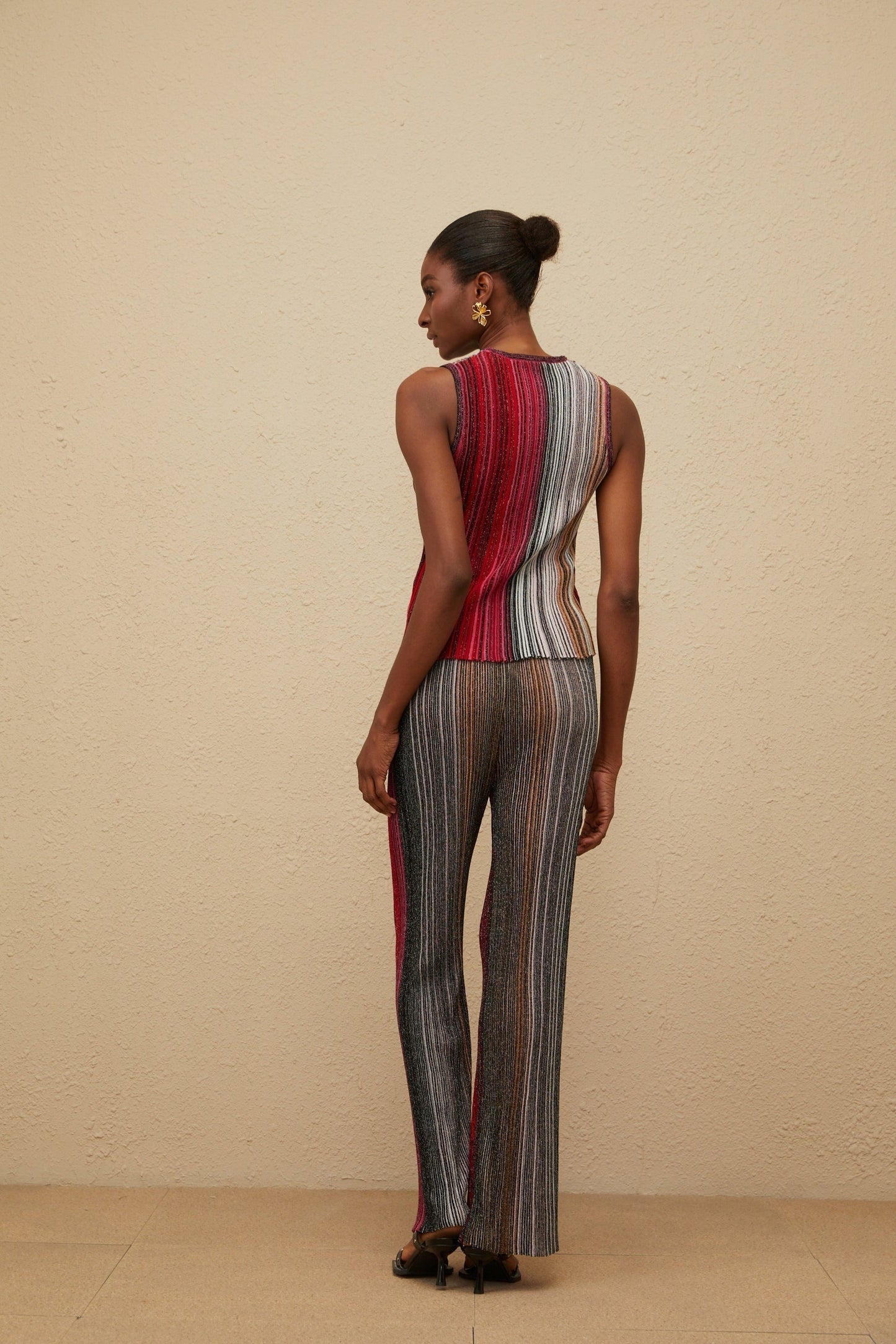 Red and Multicolor Sleeveless Knitted Top and Wide Leg Trousers with Metallic Threading and Glitter Detailing