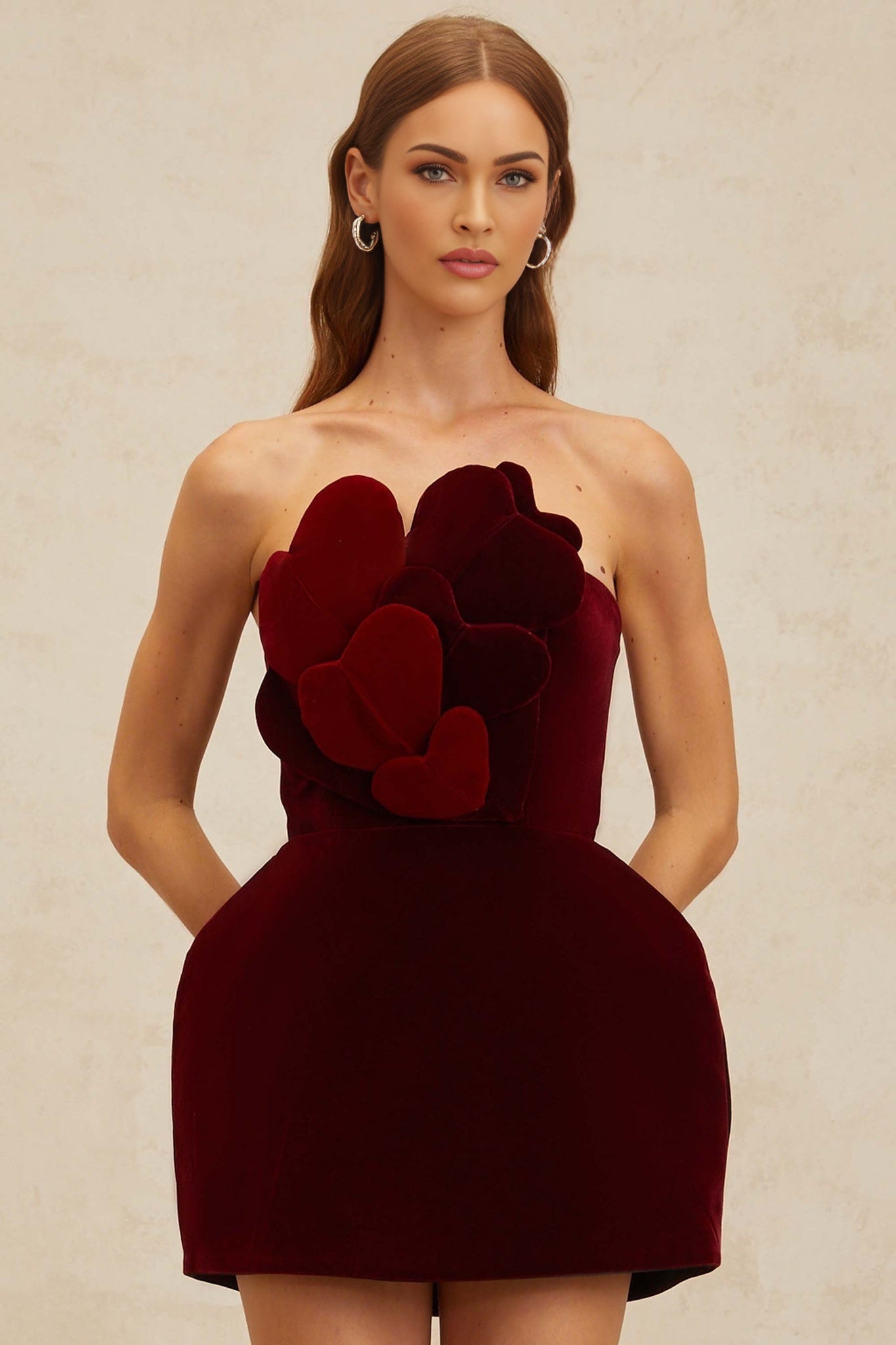 Red Off the Shoulder Sleeveless Velvet Heart Motif Dress