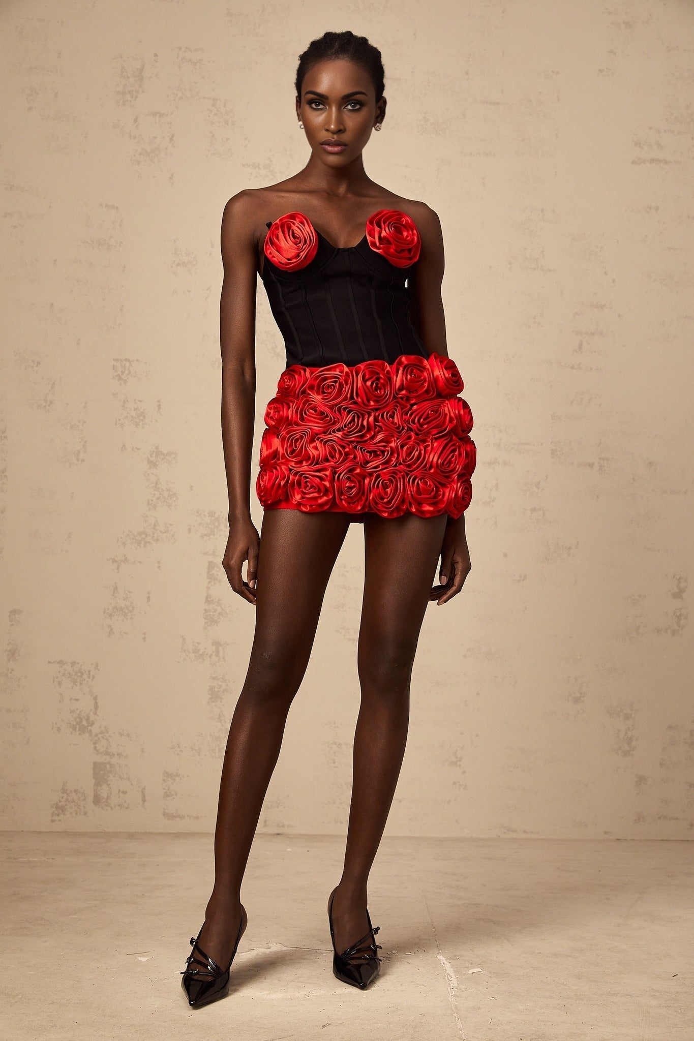 Red rose applique matching top and skirt set named Heloise