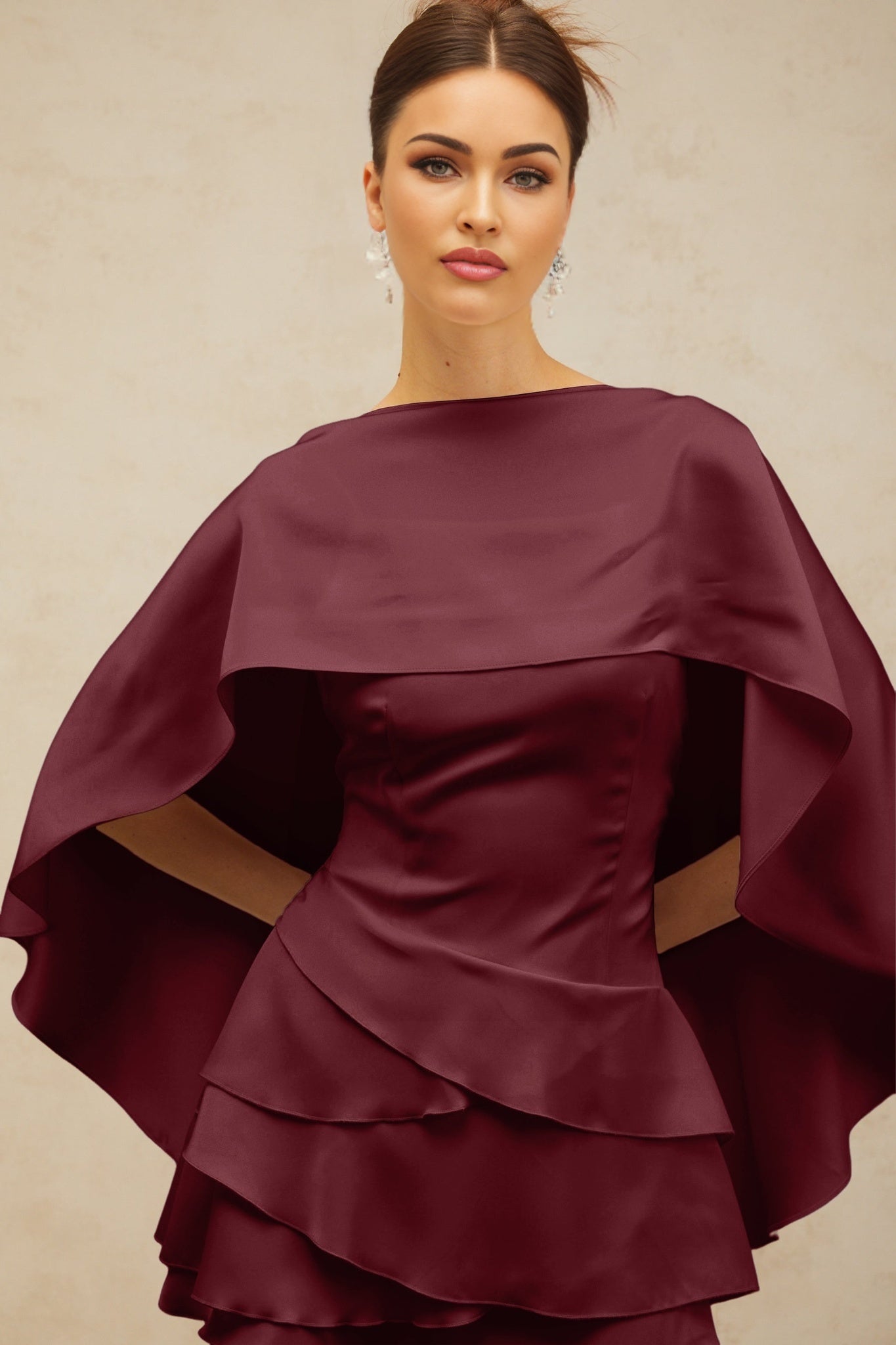 Red satin mini dress with ruffled details and shawl panel design called Lyna