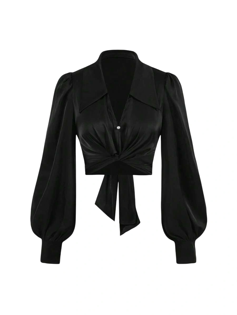 Victoria satin tie-front blouse with long billowy sleeves, silky fabric, and a sophisticated design