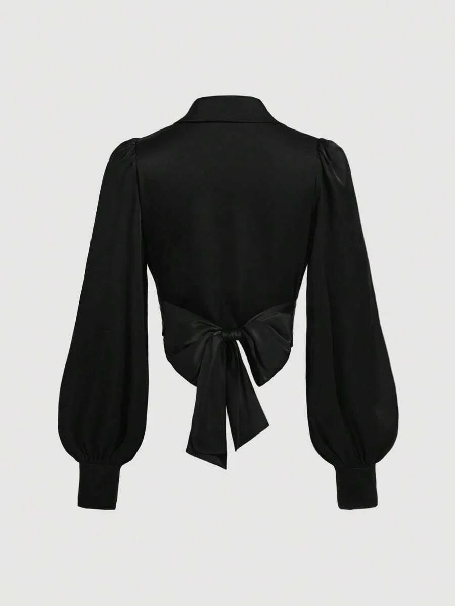 Red Satin Shirt With Front Lapel Twist And Bow Tie Christmas Shirt Sexy ShirtConcert Women