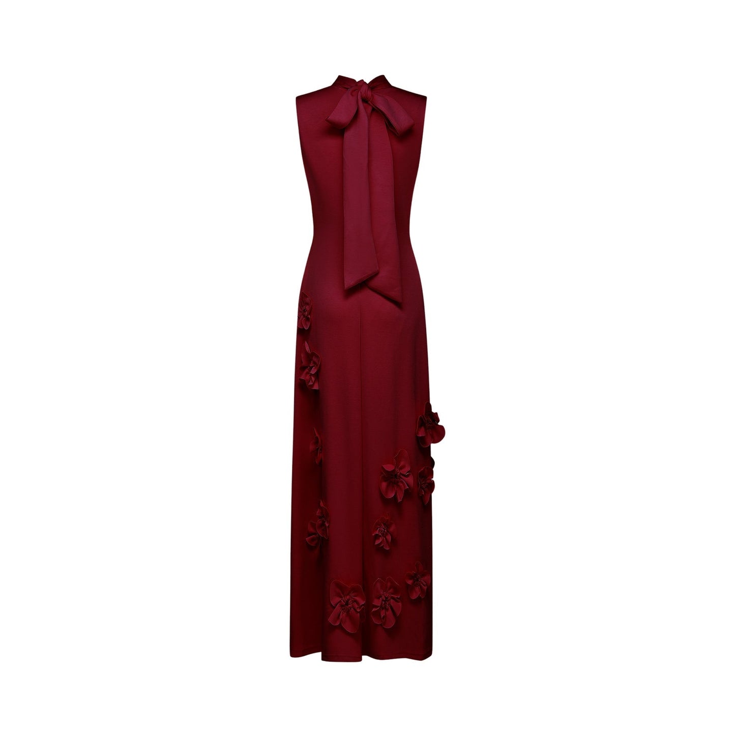 Red sleeveless maxi dress with bow tie and faux flower embellishments