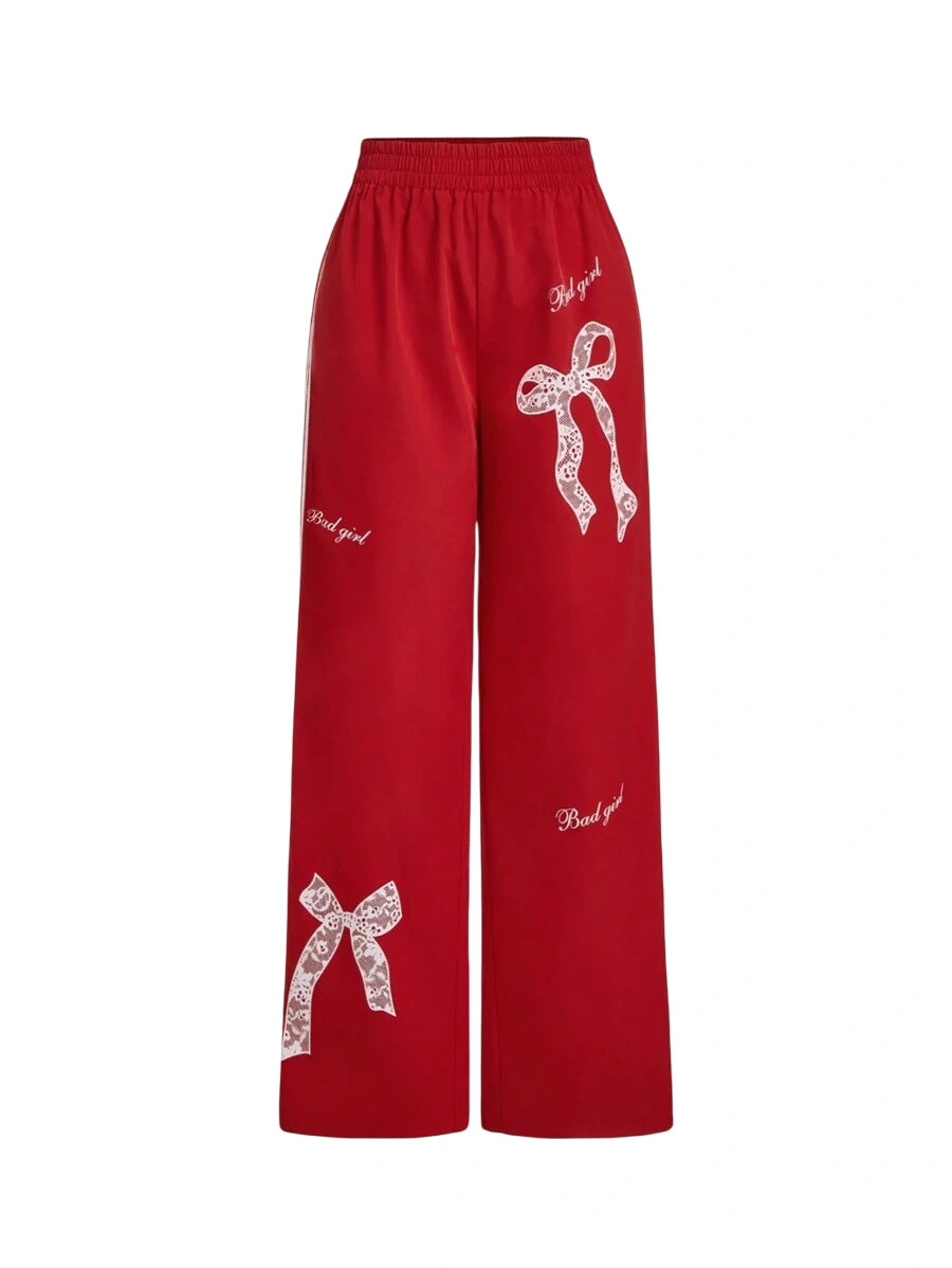 Red Sweatpants With Front Bow Print And Ribbon Decoration Autumn And Winter Trousers Going Out