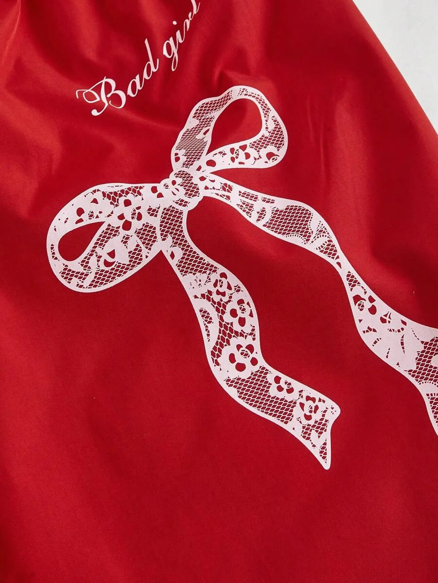 Red Sweatpants With Front Bow Print And Ribbon Decoration Autumn And Winter Trousers Going Out