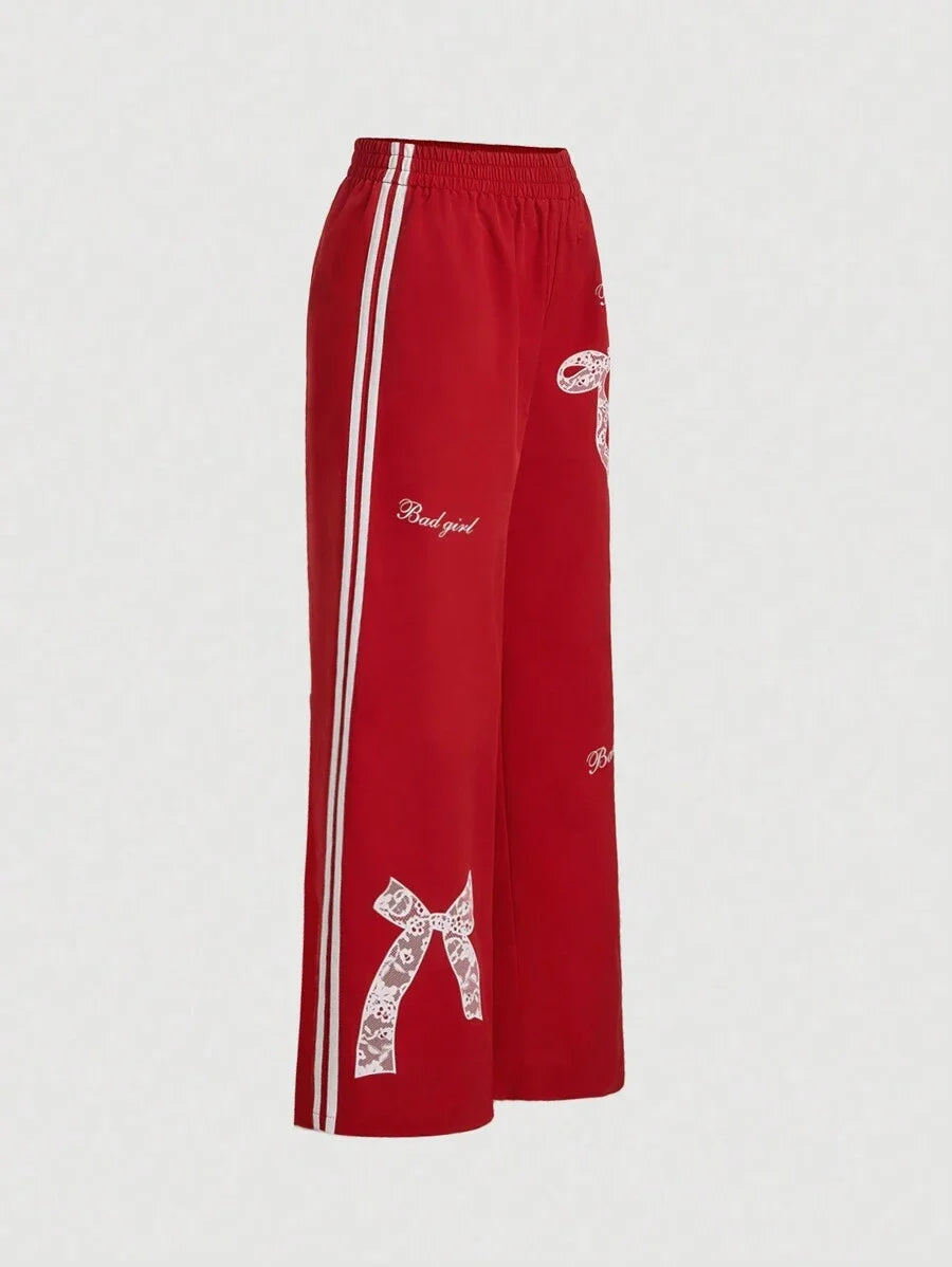 Red Sweatpants With Front Bow Print And Ribbon Decoration Autumn And Winter Trousers Going Out