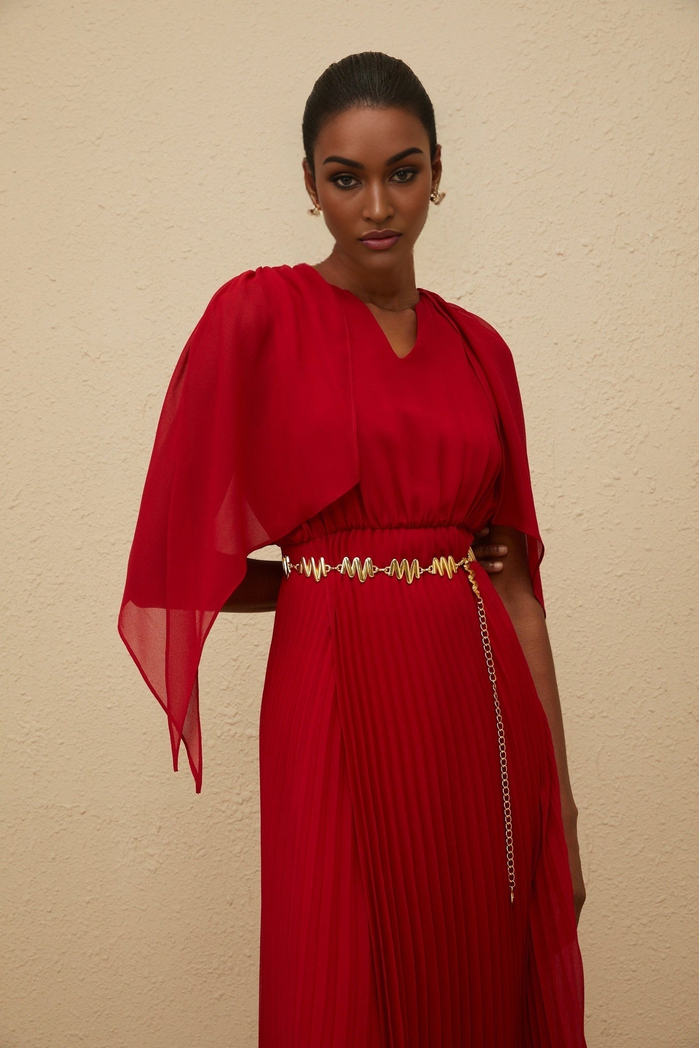 Red V-neck sleeveless cape design maxi dress with chain-link detailing