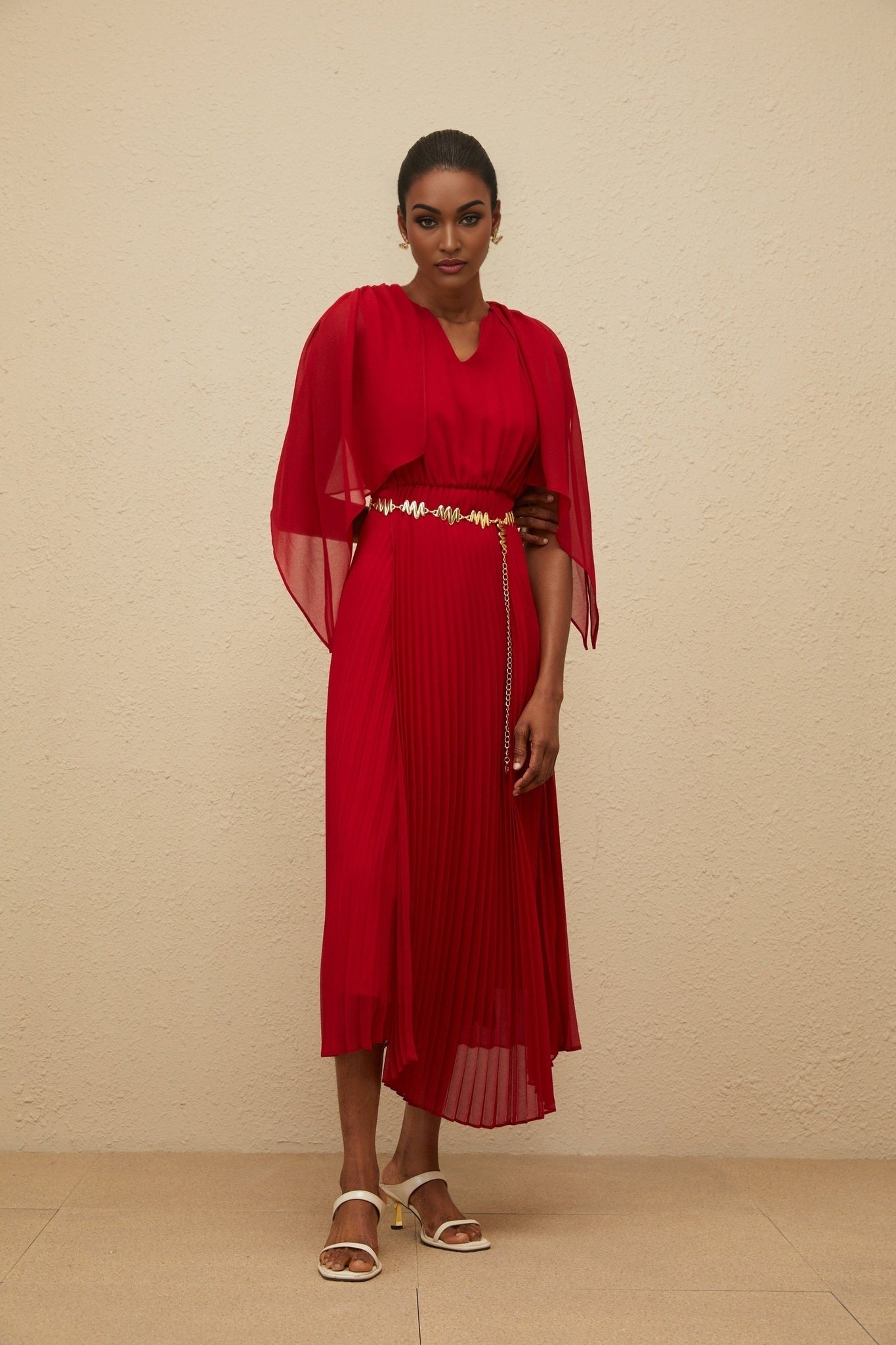 Red V-Neck Sleeveless Maxi Dress with Cape Design and Chain-Link Detailing