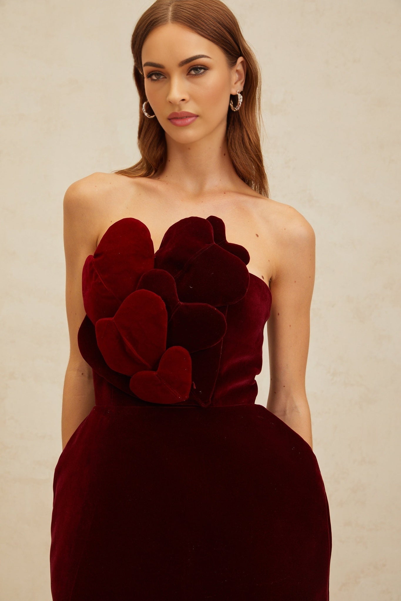 Red velvet off the shoulder dress with 3D-heart motif and puff skirt