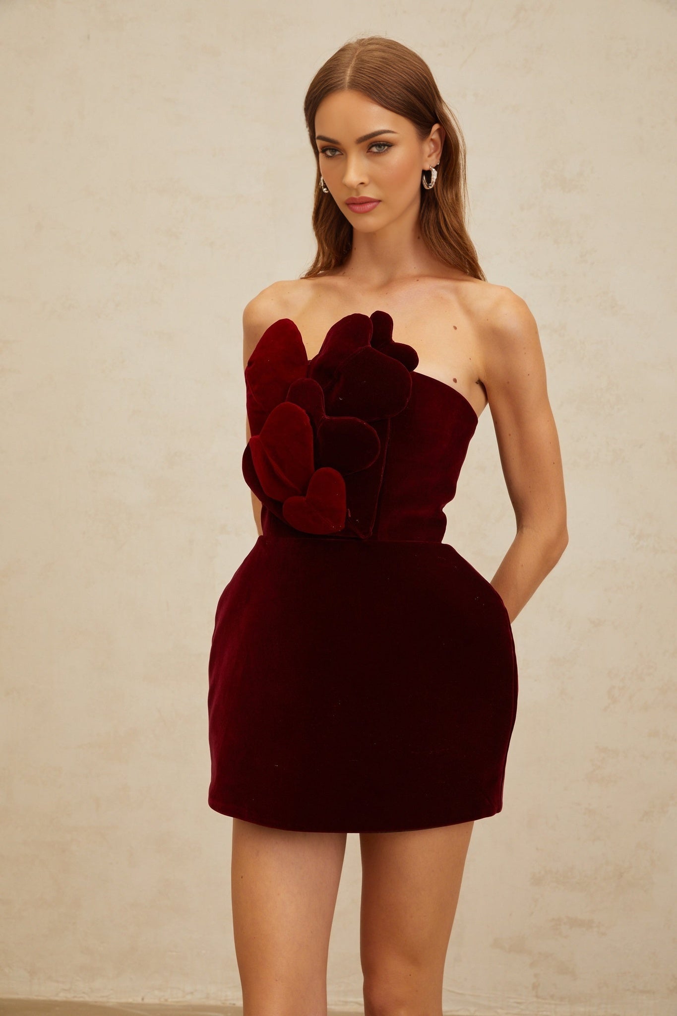 Red Velvet Off the Shoulder Heart Motif Dress