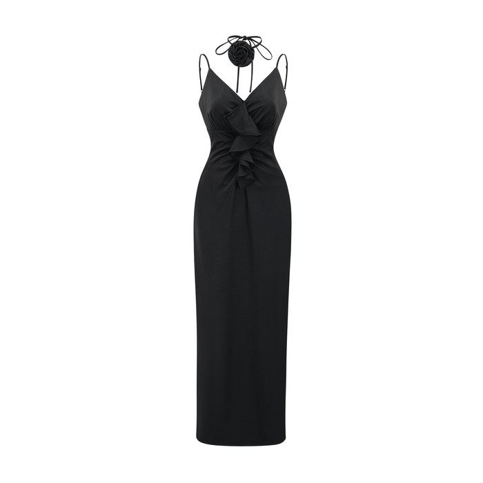 Black anklelength dress with spaghetti straps and a flower decoration at the neck sleeveless with an open back made of 100% Polyester