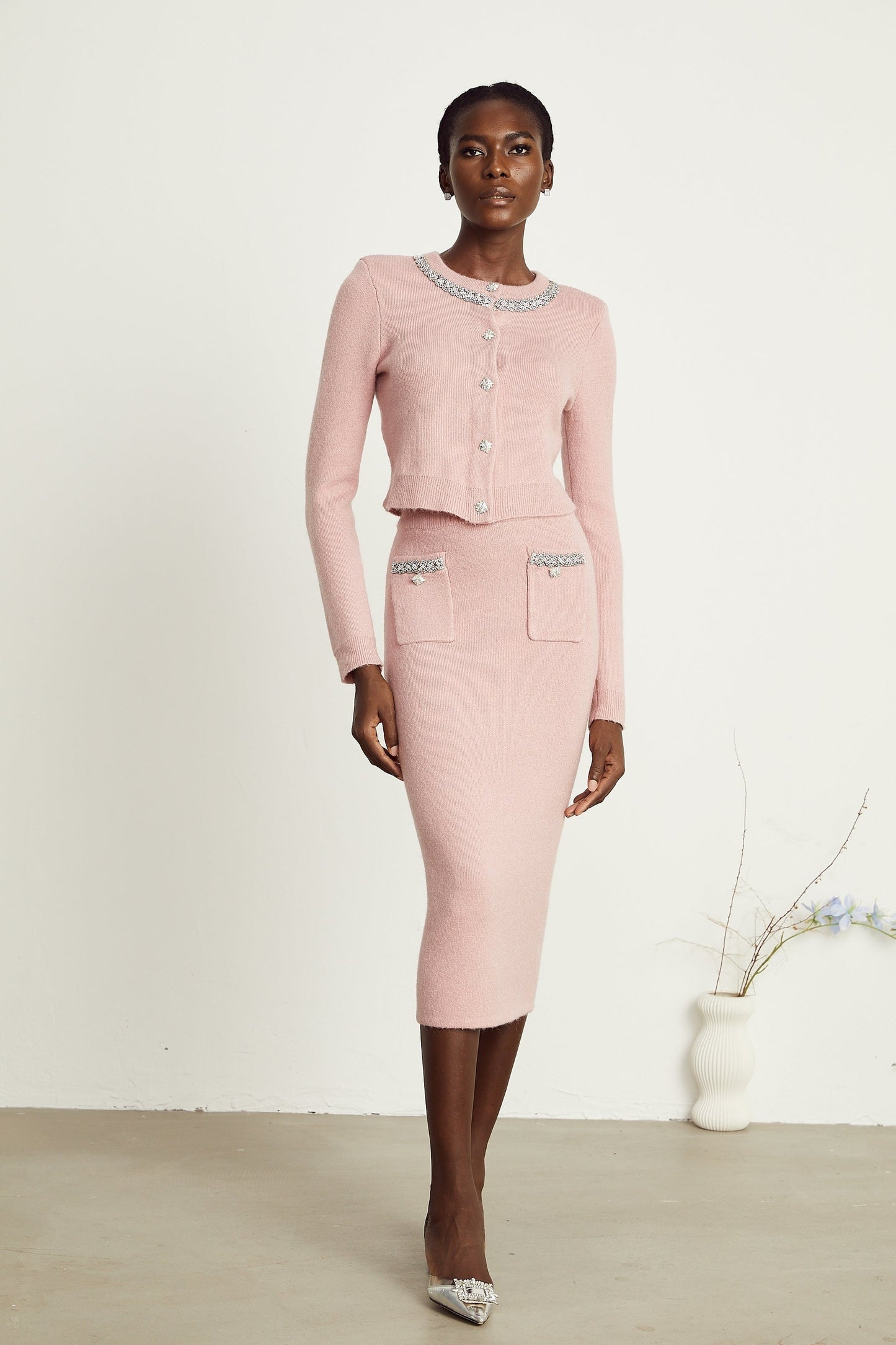 Renée pink embellished jacket skirt matching set