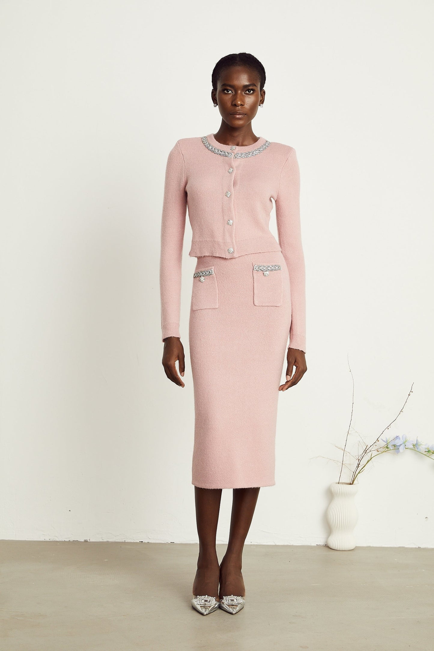 Renée pink embellished jacket skirt matching set