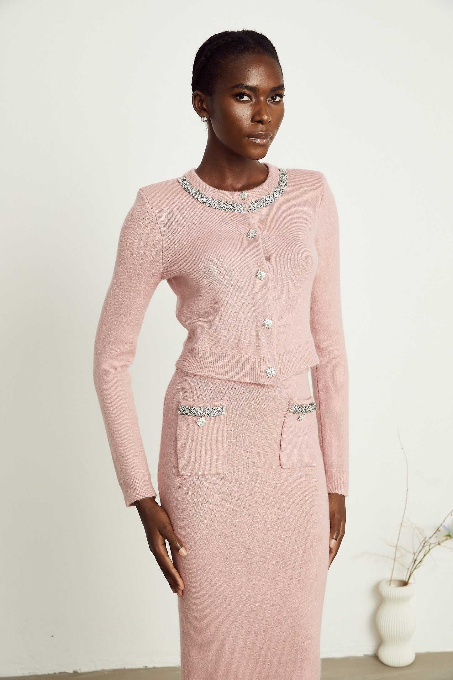 Renée pink embellished jacket skirt matching set