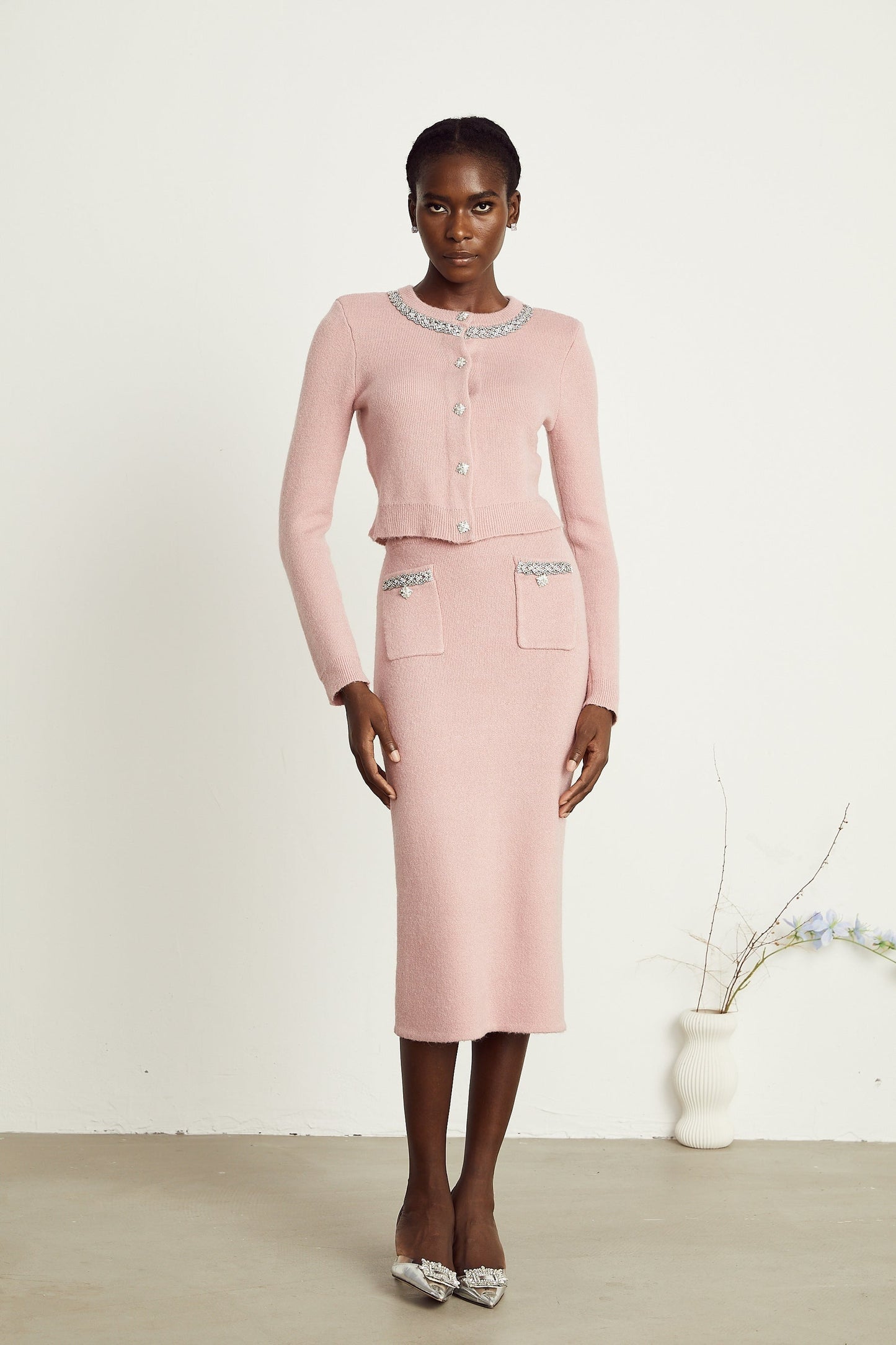 Renée pink embellished jacket skirt matching set