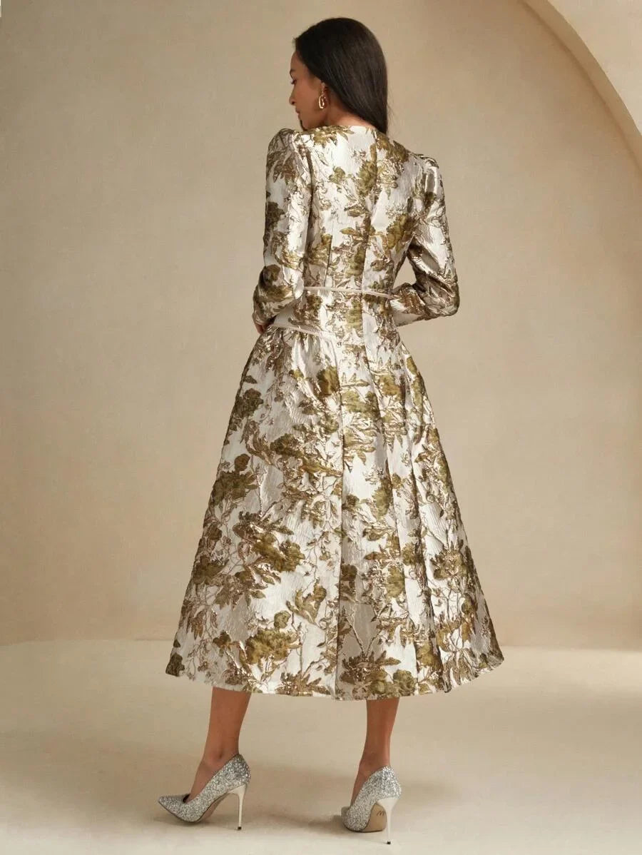 Retro Palace Style Banquet Party Wide Hem Dress Ladies Gold Sequins Embossed Embroidery Dress For