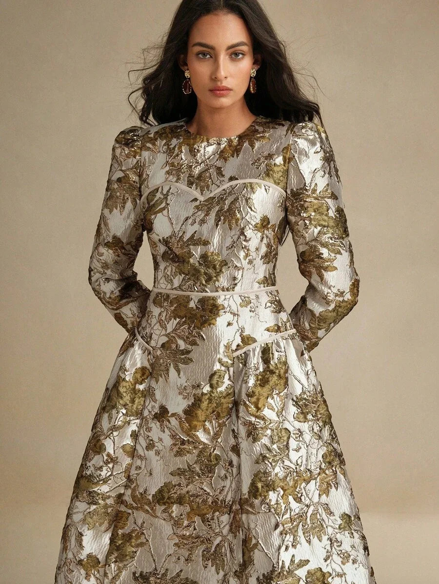 Retro Palace Style Banquet Party Wide Hem Dress Ladies Gold Sequins Embossed Embroidery Dress For