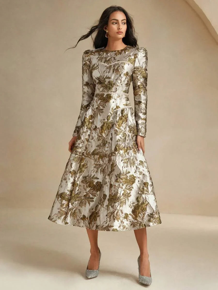 Retro Palace Style Banquet Party Wide Hem Dress Ladies Gold Sequins Embossed Embroidery Dress For