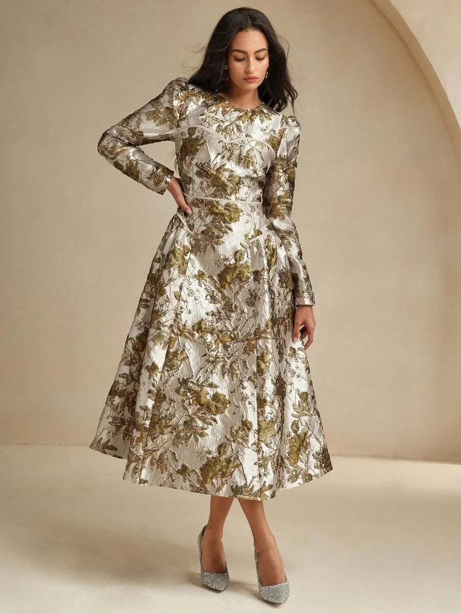 Retro Palace Style Banquet Party Wide Hem Dress Ladies Gold Sequins Embossed Embroidery Dress For
