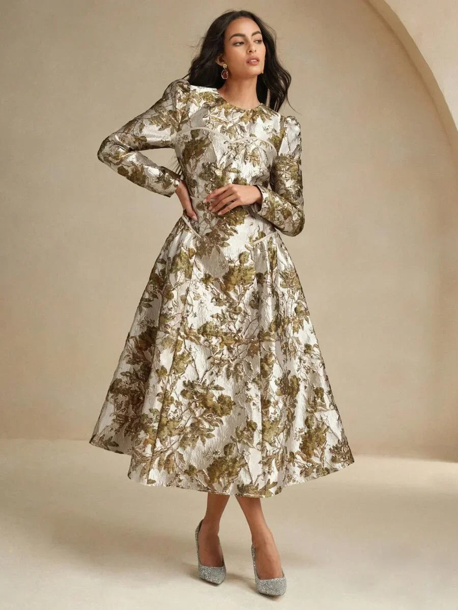 Retro Palace Style Banquet Party Wide Hem Dress Ladies Gold Sequins Embossed Embroidery Dress For