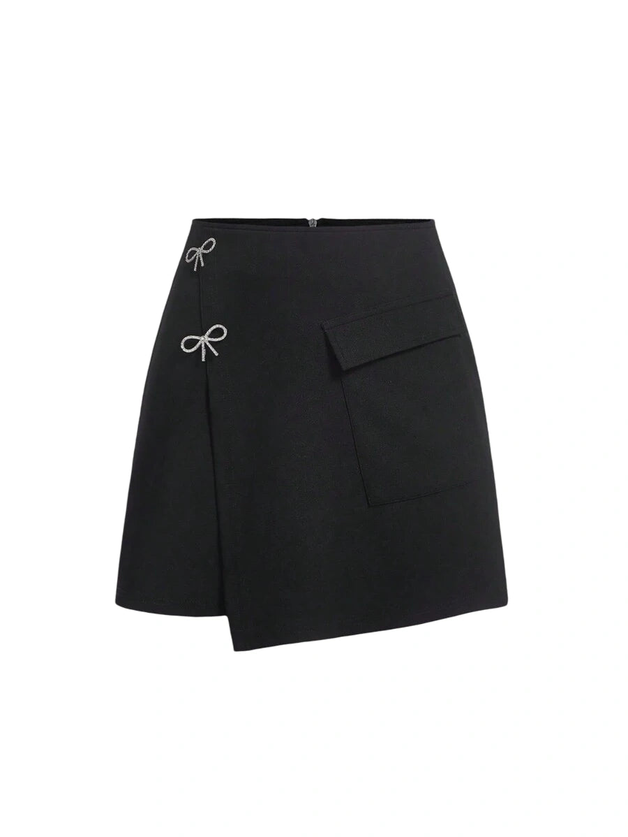Rhinestone Bow Detail Flap Detail Wrap Skirt