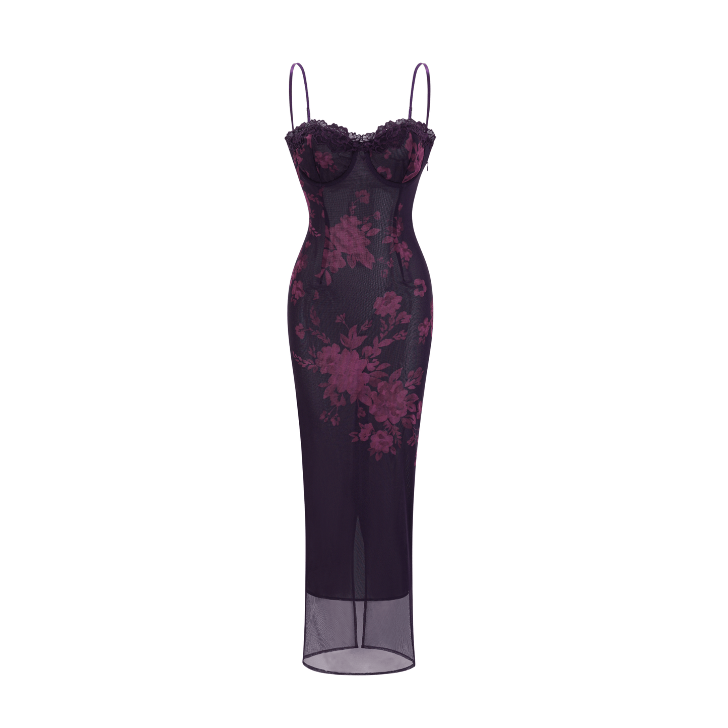 Isabel Floral Midi Dress in Vibrant Purple with Spaghetti Straps & Lace Trims