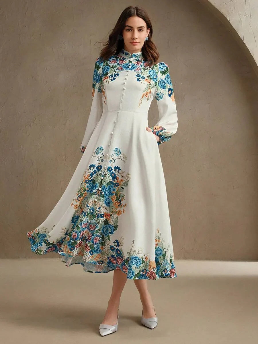 Romantic amp Elegant Floral Print ButtonDown Long Sleeve Dress For Women Suitable For Spring amp