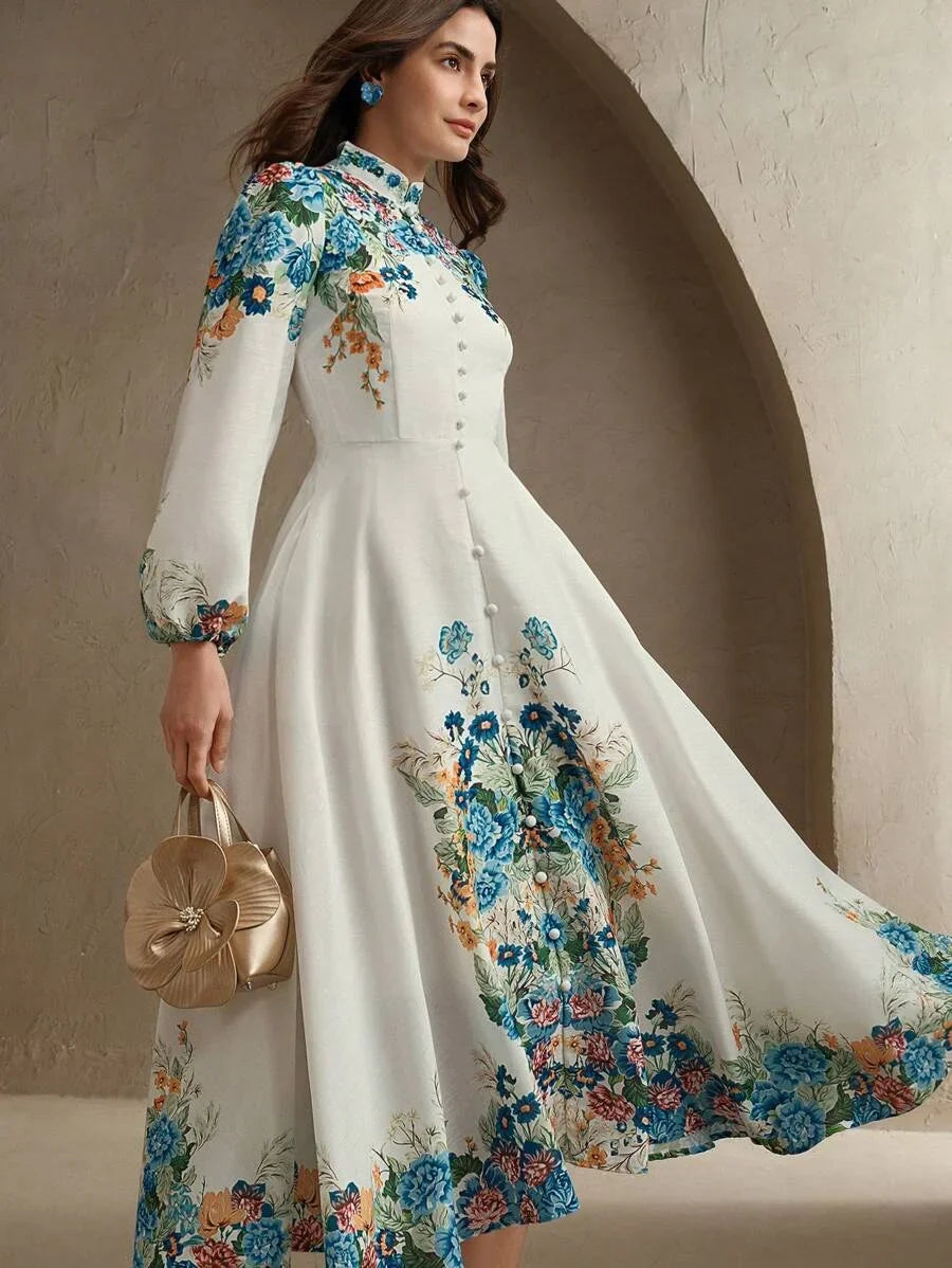 Romantic amp Elegant Floral Print ButtonDown Long Sleeve Dress For Women Suitable For Spring amp