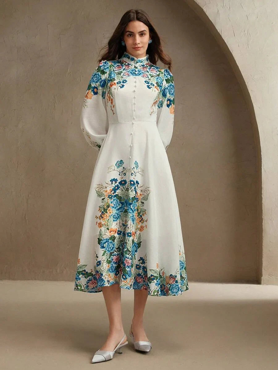 Romantic amp Elegant Floral Print ButtonDown Long Sleeve Dress For Women Suitable For Spring amp